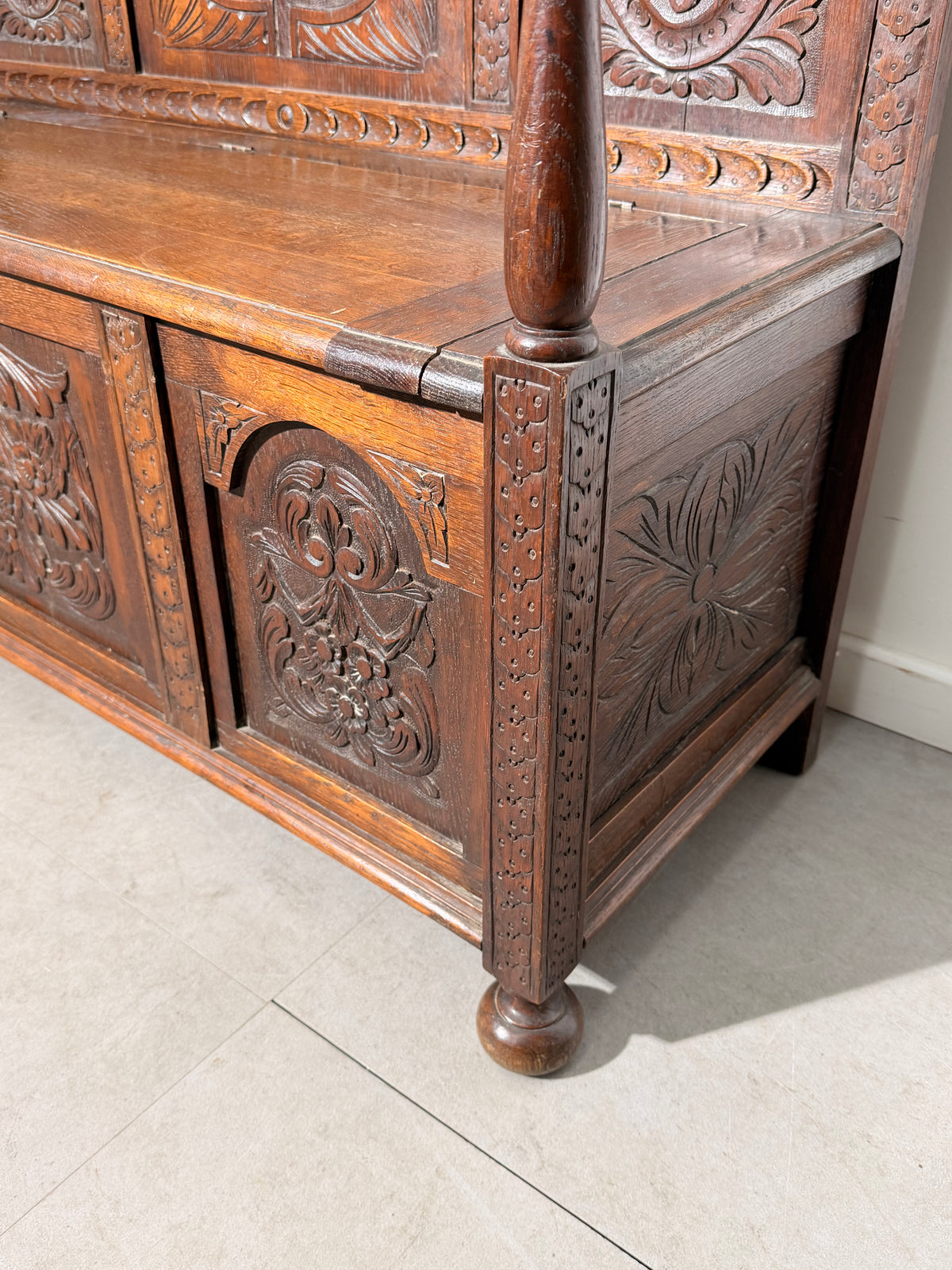 Antique Carved Oak Hall Bench with Storage