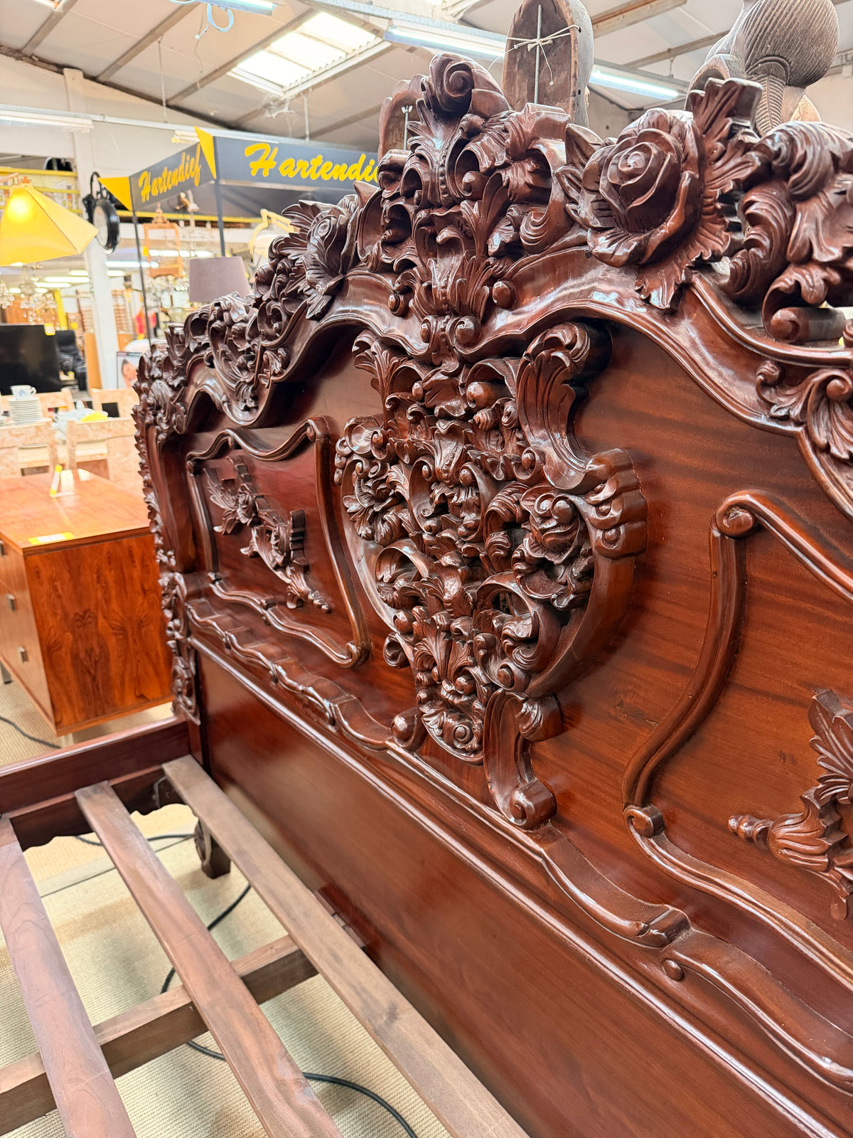 Ornately Carved Baroque Revival King Size Bed with Matching Nightstands
