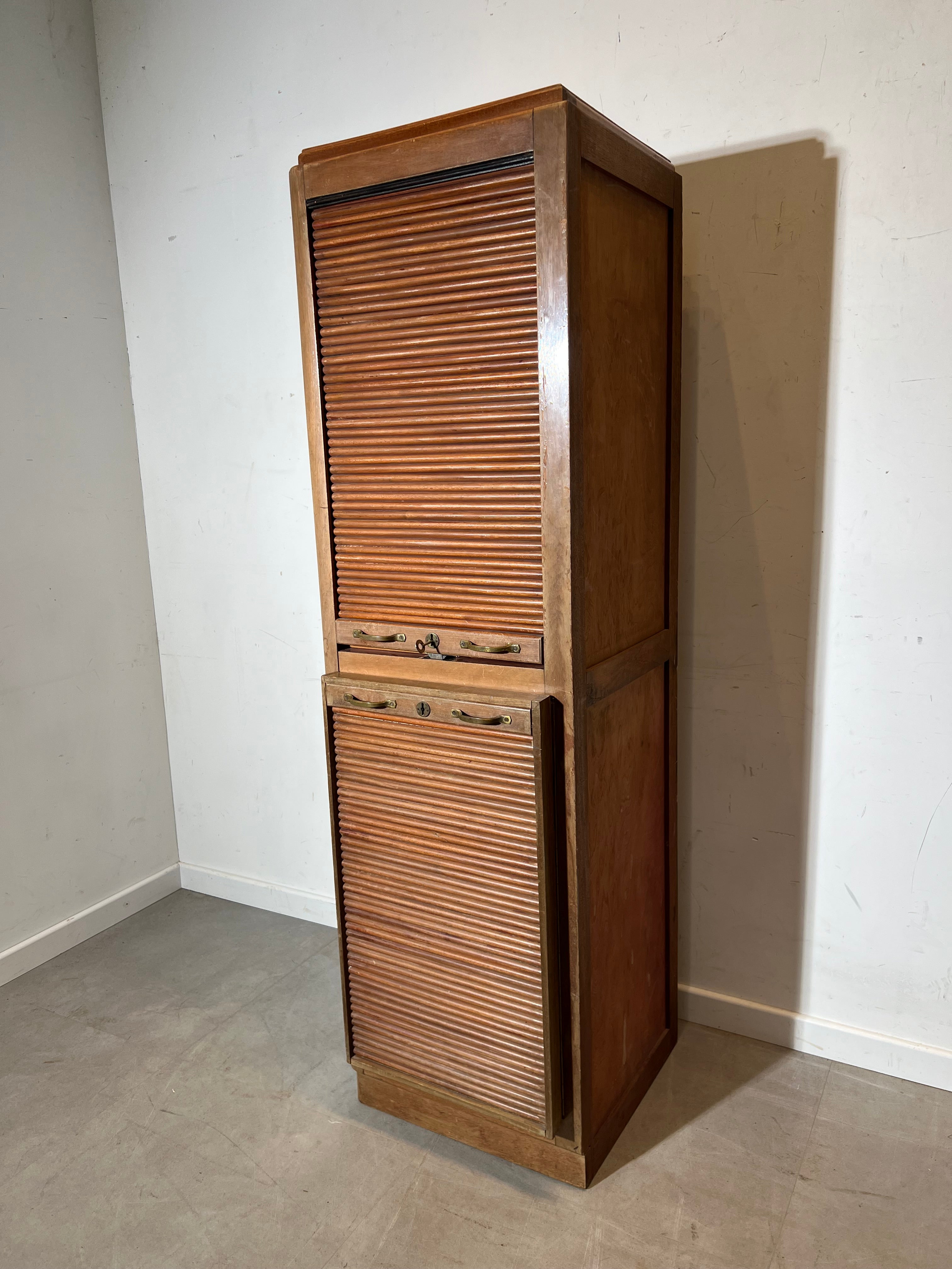 Vintage Wooden Tambour Door Filing Cabinet with Pull-Out Trays