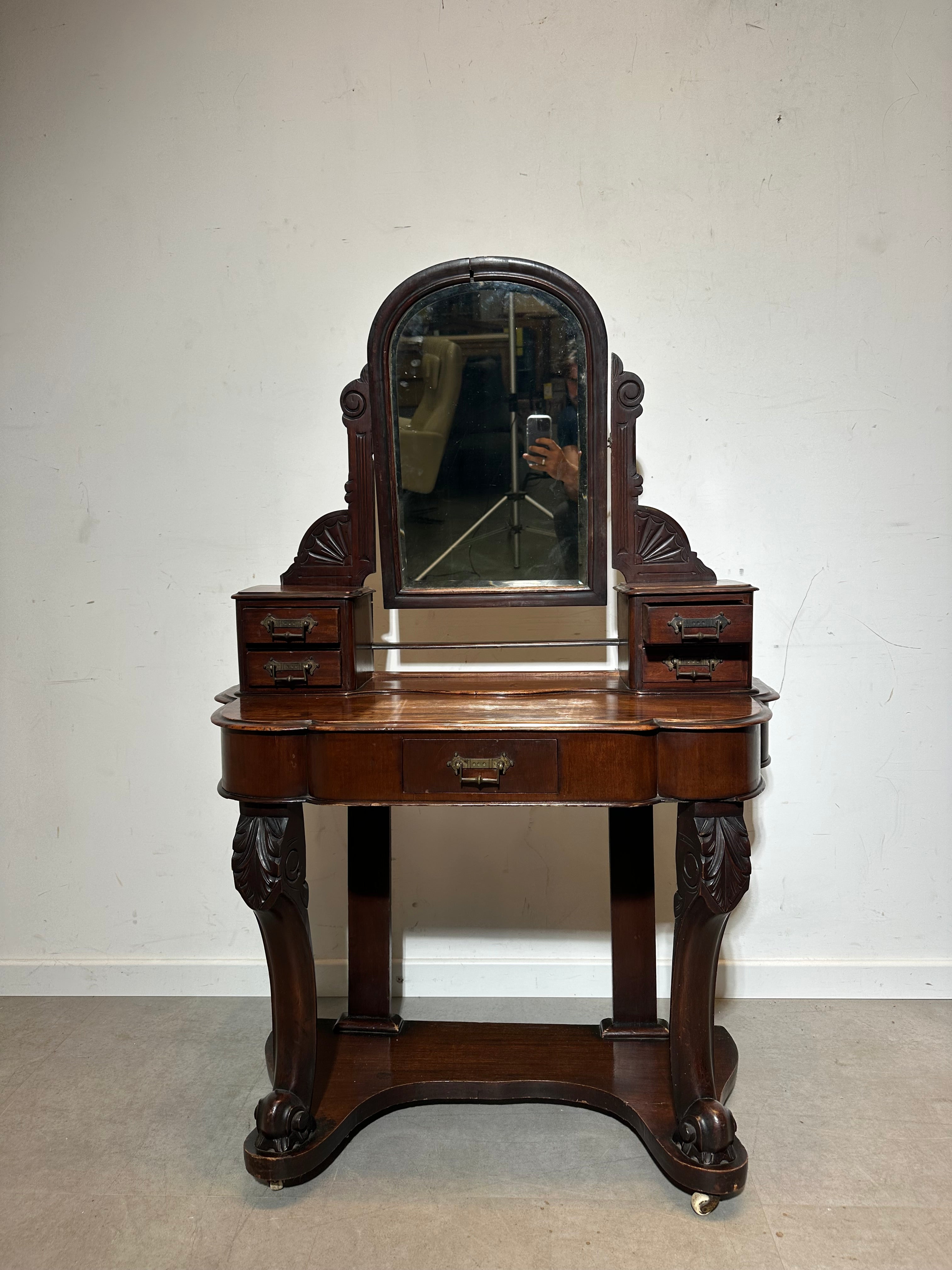 Antique Carved Wooden Vanity Table with Mirror