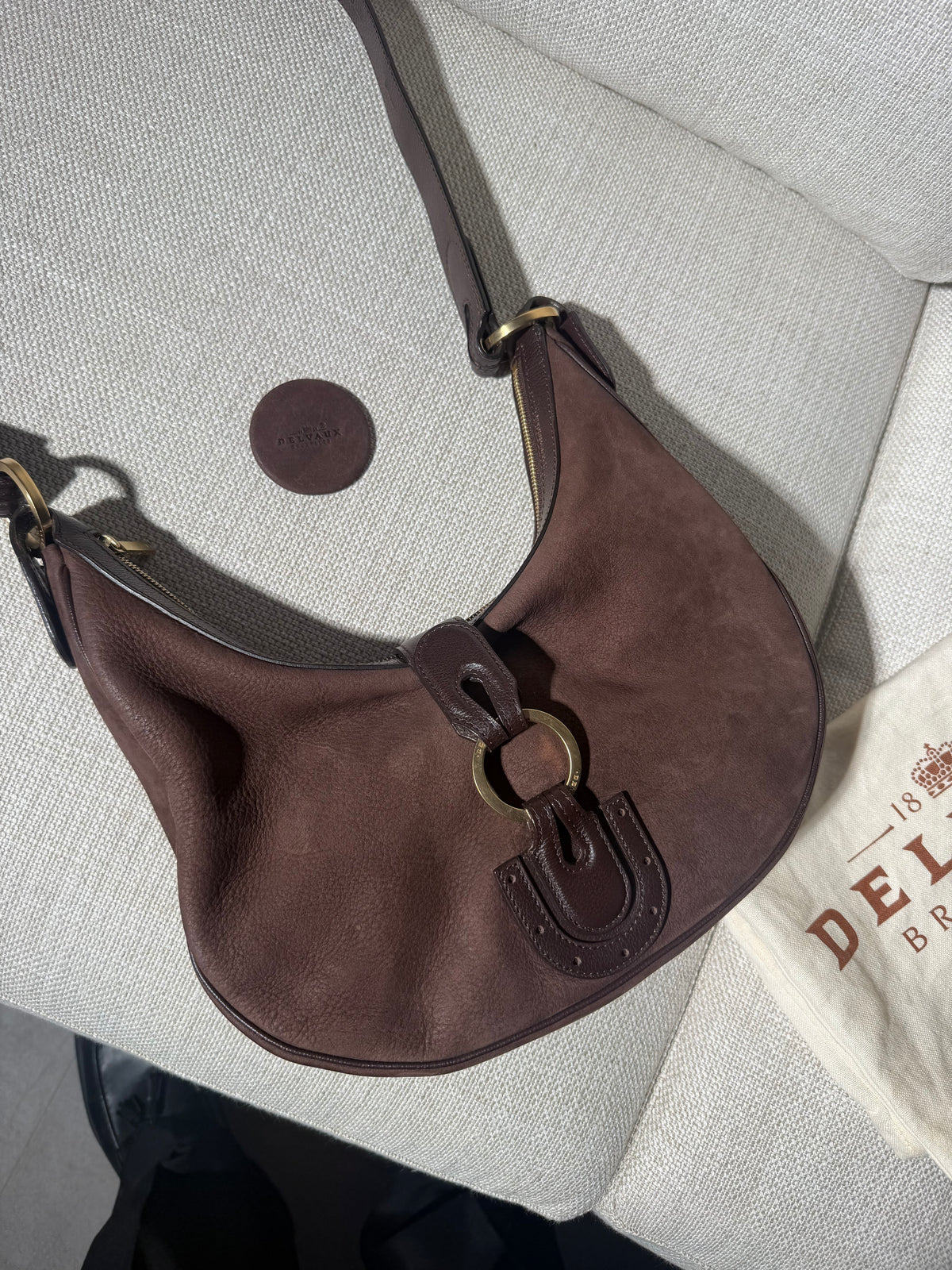 Delvaux Camille PM Shoulder Bag in Brown Suede – With Dust Bag & Mirror