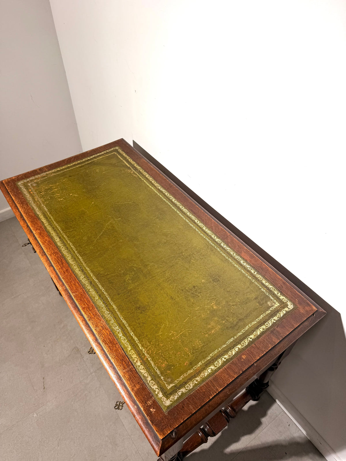 Antique Oak Writing Desk with Green Leather Top and Four Drawers