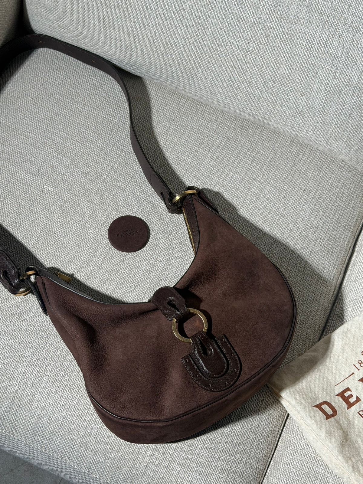 Delvaux Camille PM Shoulder Bag in Brown Suede – With Dust Bag & Mirror