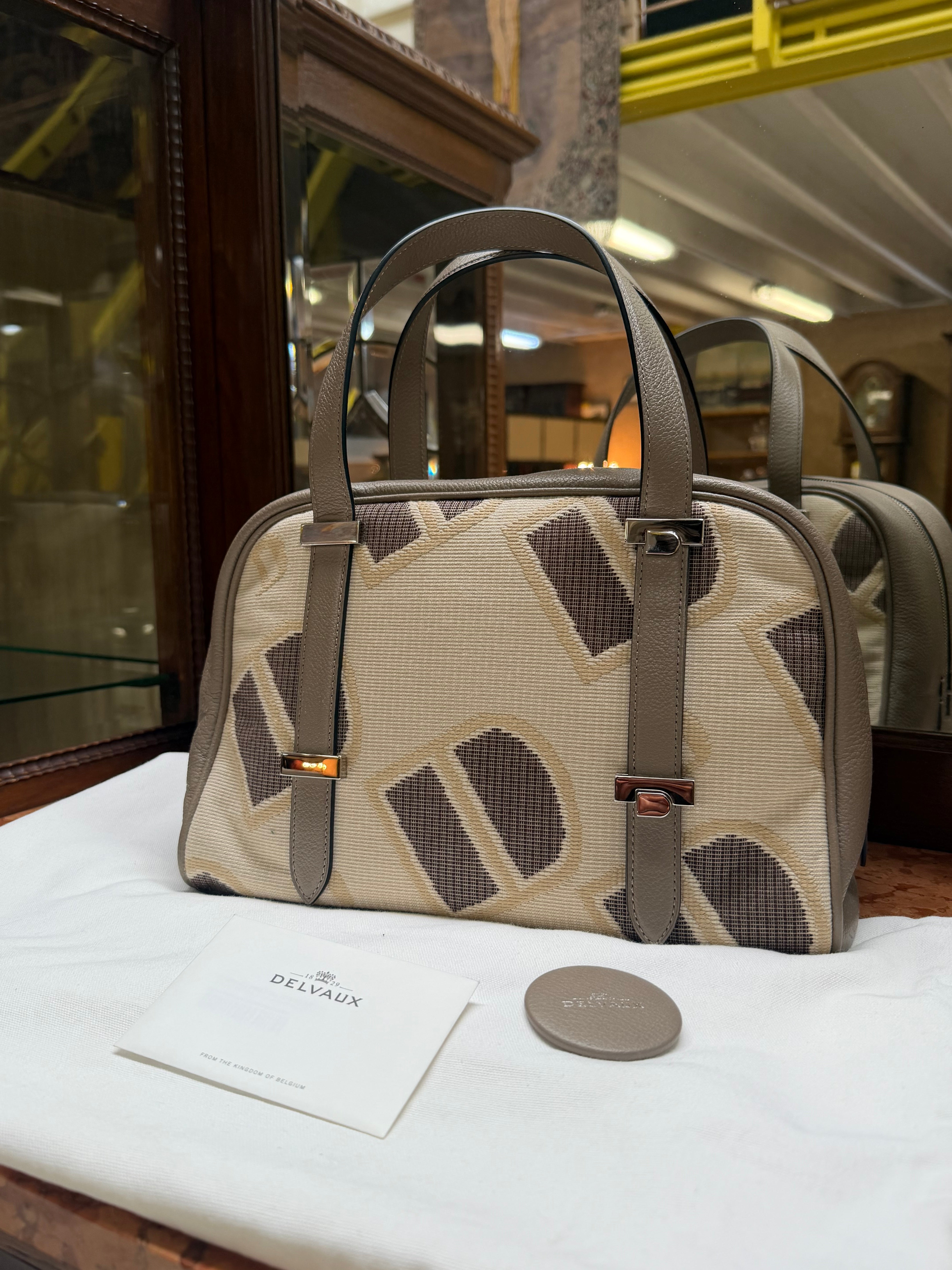 Delvaux Carry-All Mini Toile Logotypée D Travel Tourterelle – New with Certificate, Dust Bag & Mirror