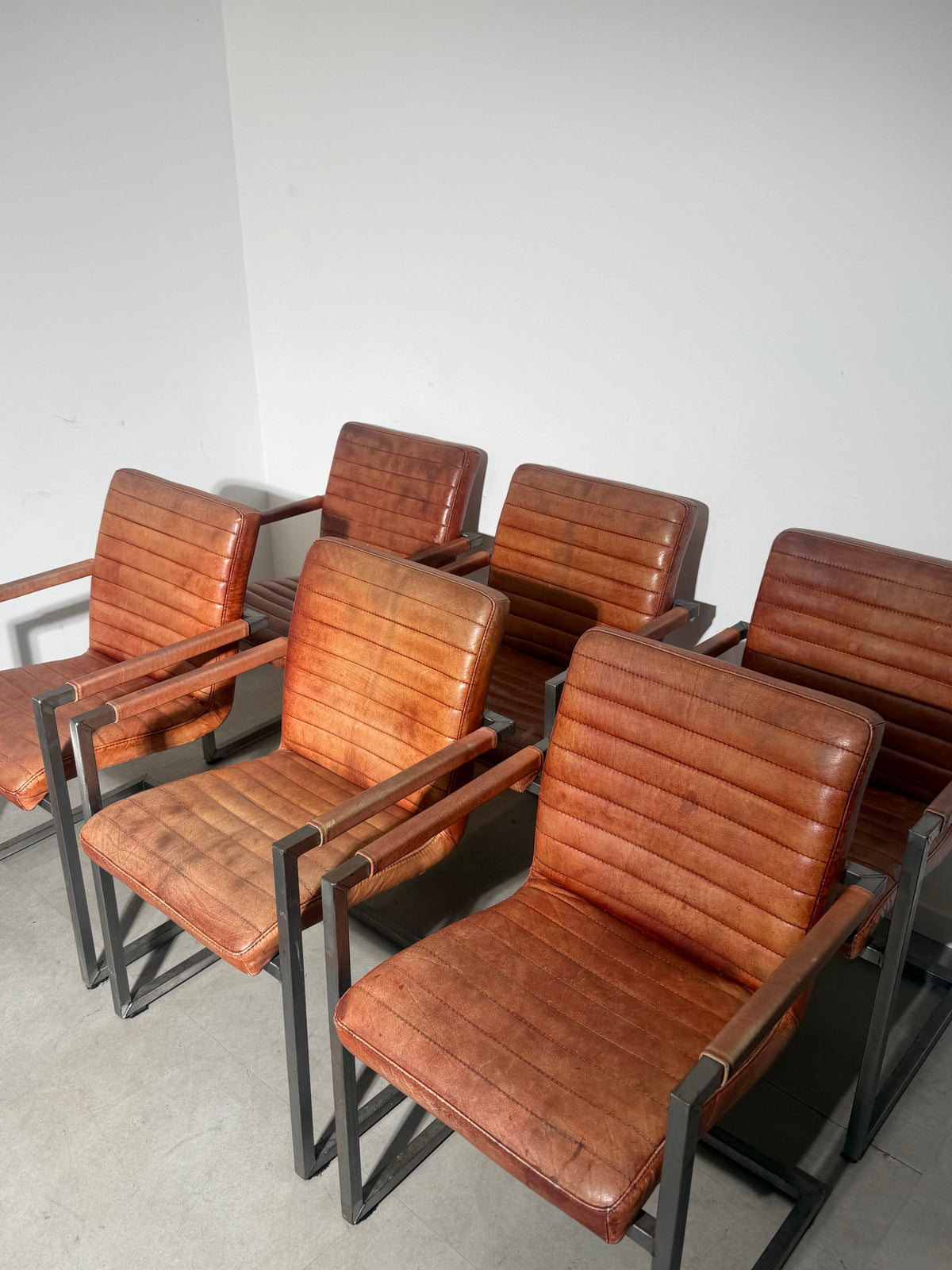 Set of Six Cognac Leather Dining Armchairs