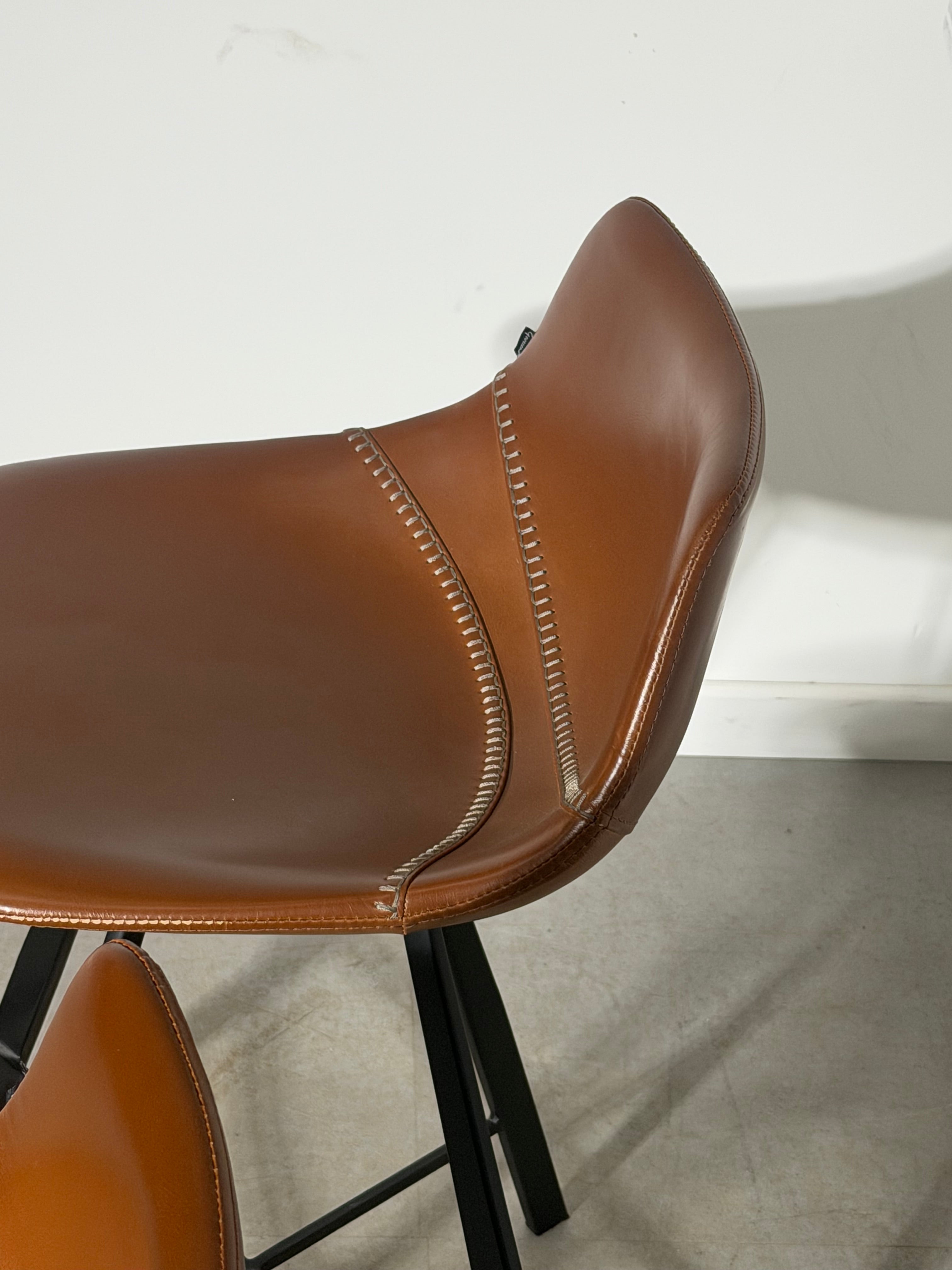 Set of 3 Goossens Wonen & Slapen Cognac Leather Bar Chairs