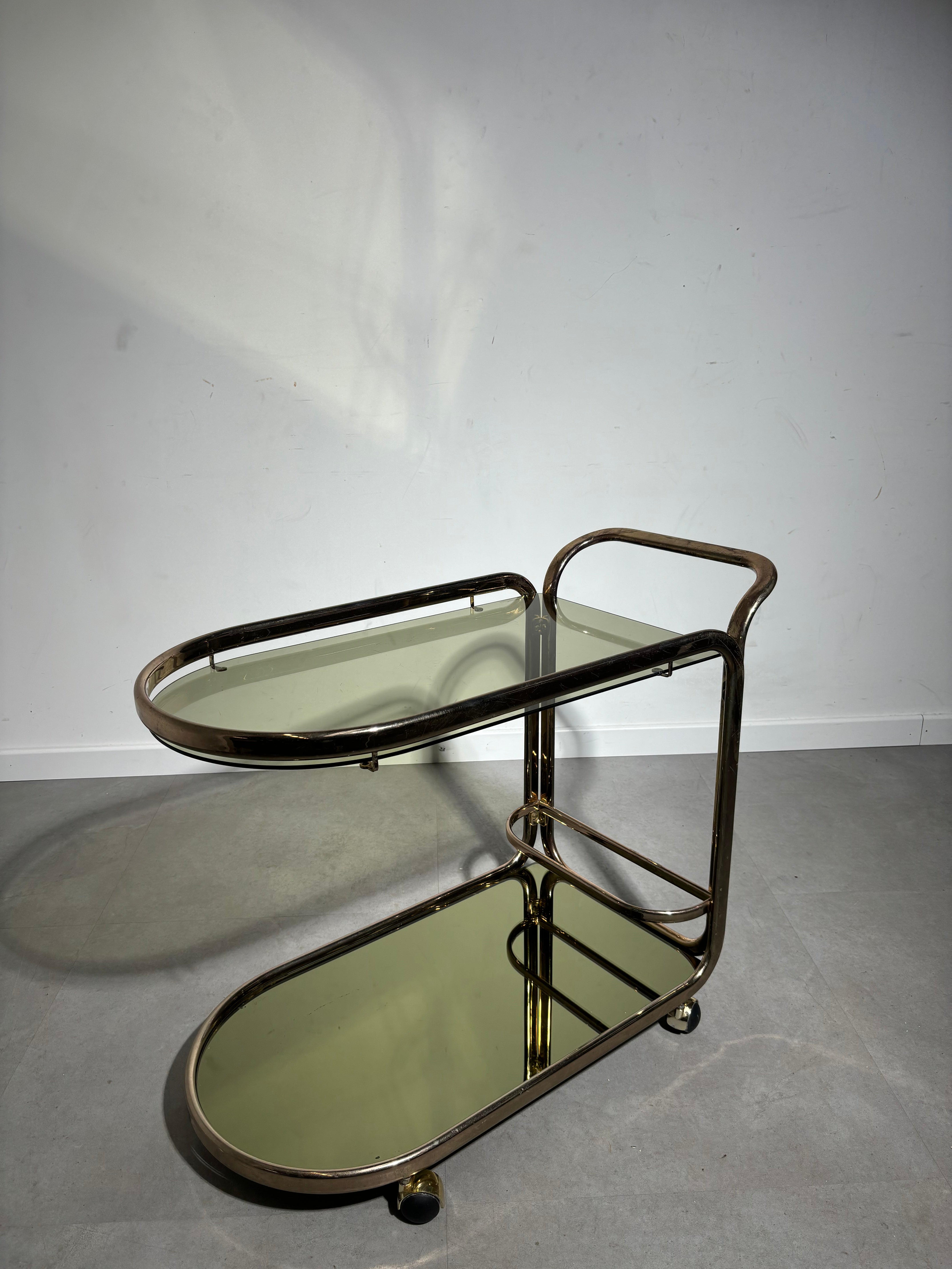 Hollywood Regency Smoked Glass & Brass Trolley, 1970