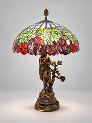 Large Tiffany-Style Stained Glass Table Lamp with Sculptural Female Base