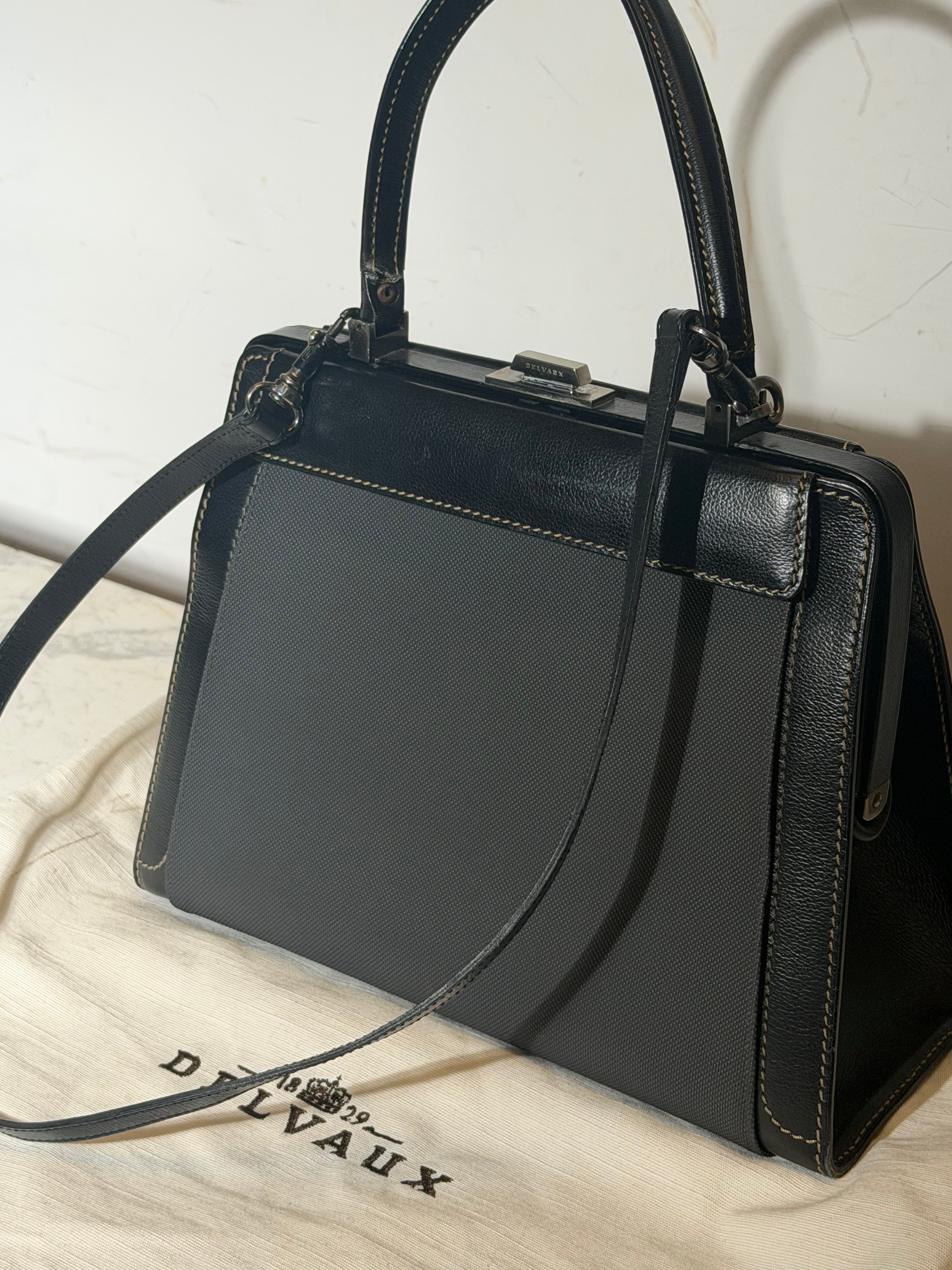 Delvaux Illusion Handbag Black Leather & Interchangeable Canvas Panels