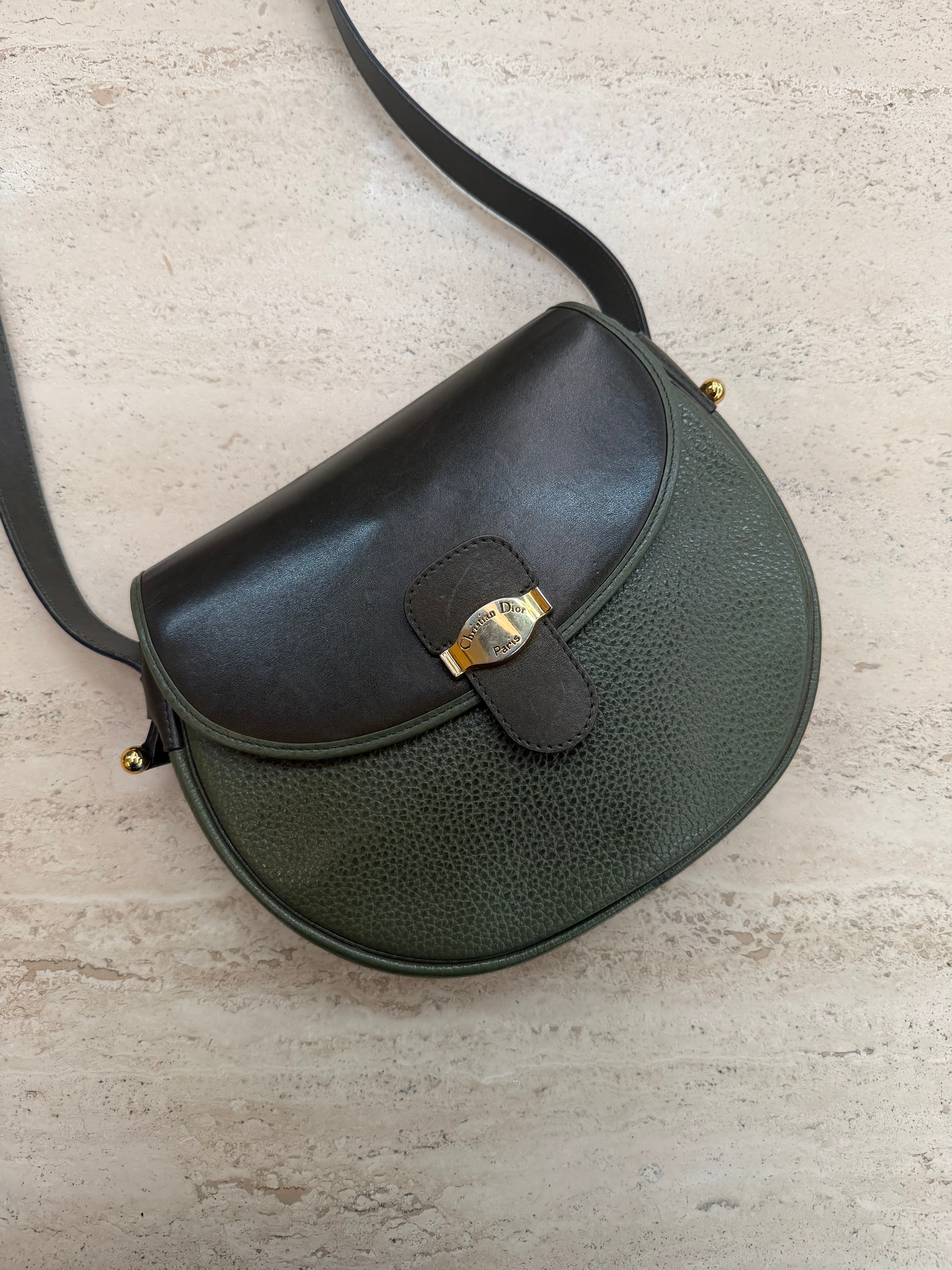 Christian Dior Bicolour Leather Saddle Crossbody Bag – Green & Black