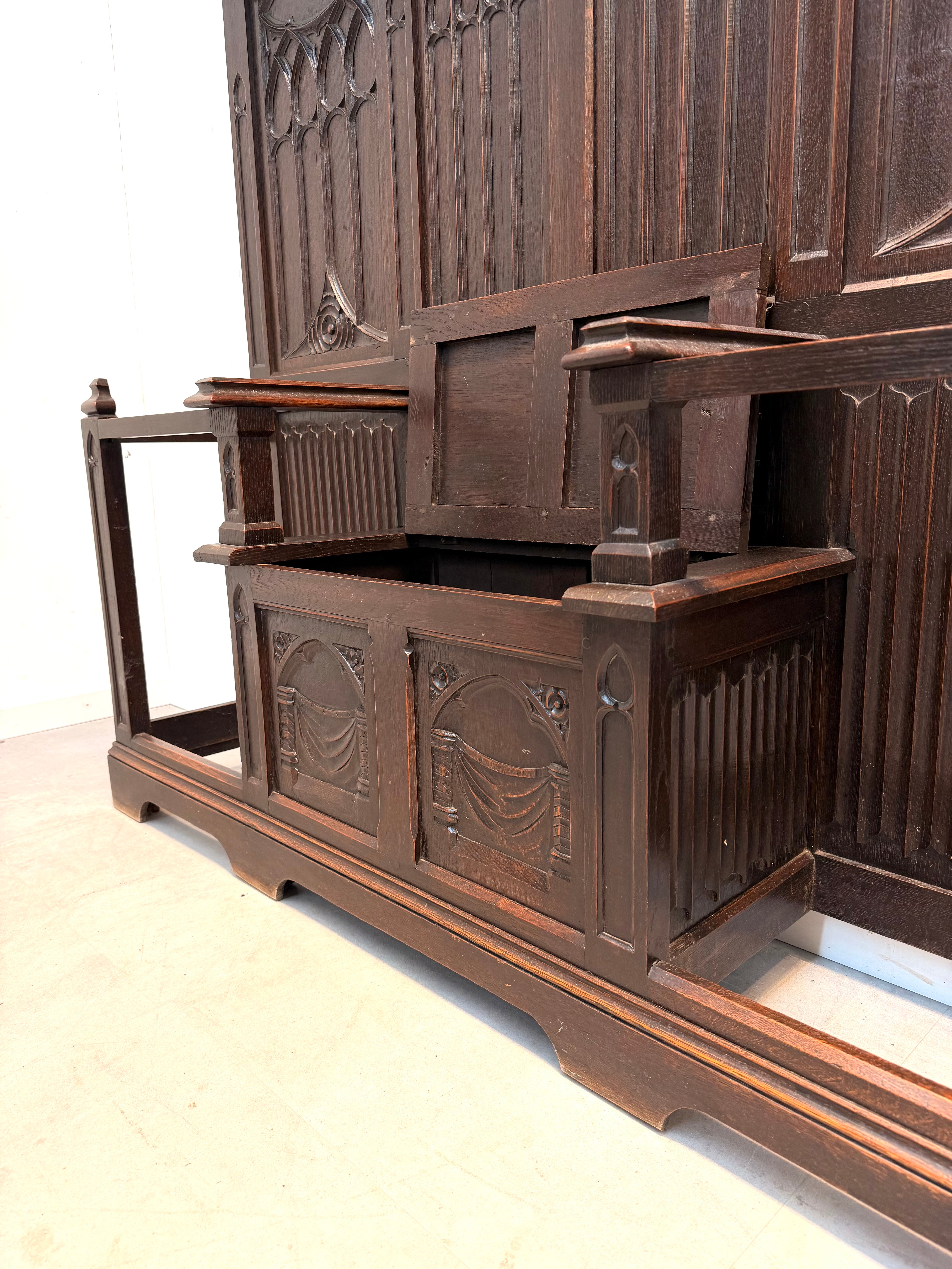 Large Antique Gothic Revival Hall Bench with Coat Rack