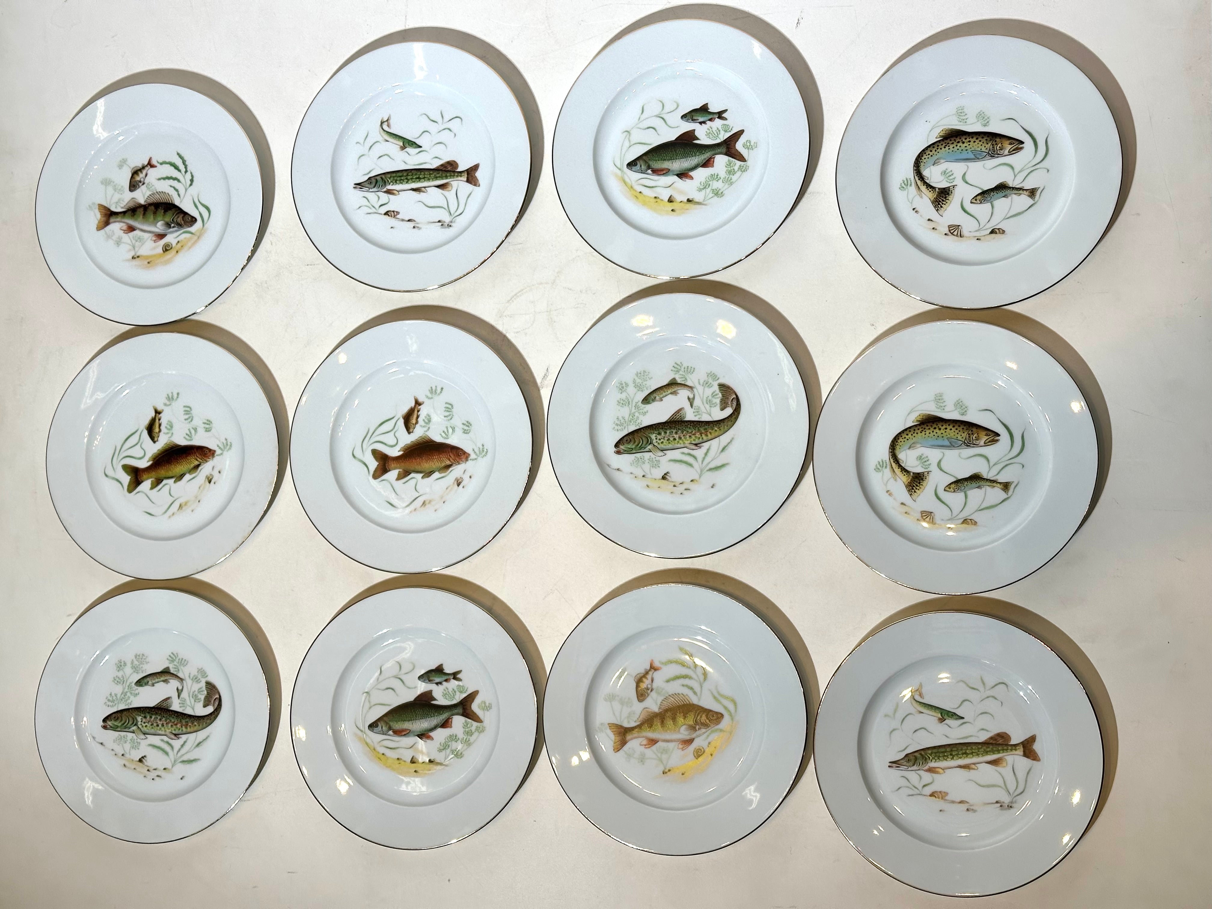 Set of 12 Limoges Fish Plates – Hand Decorated – Ø 21,5 cm