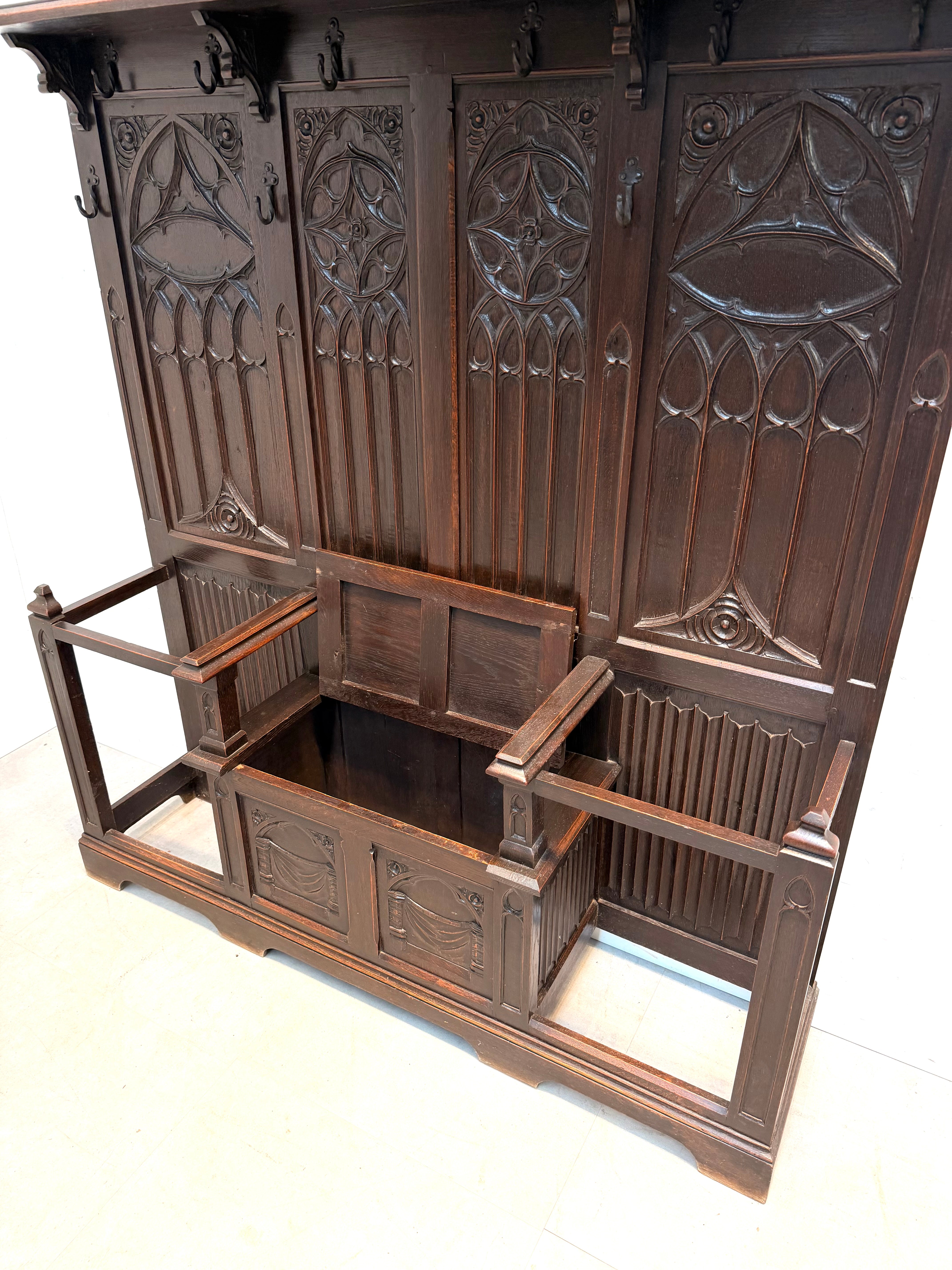 Large Antique Gothic Revival Hall Bench with Coat Rack