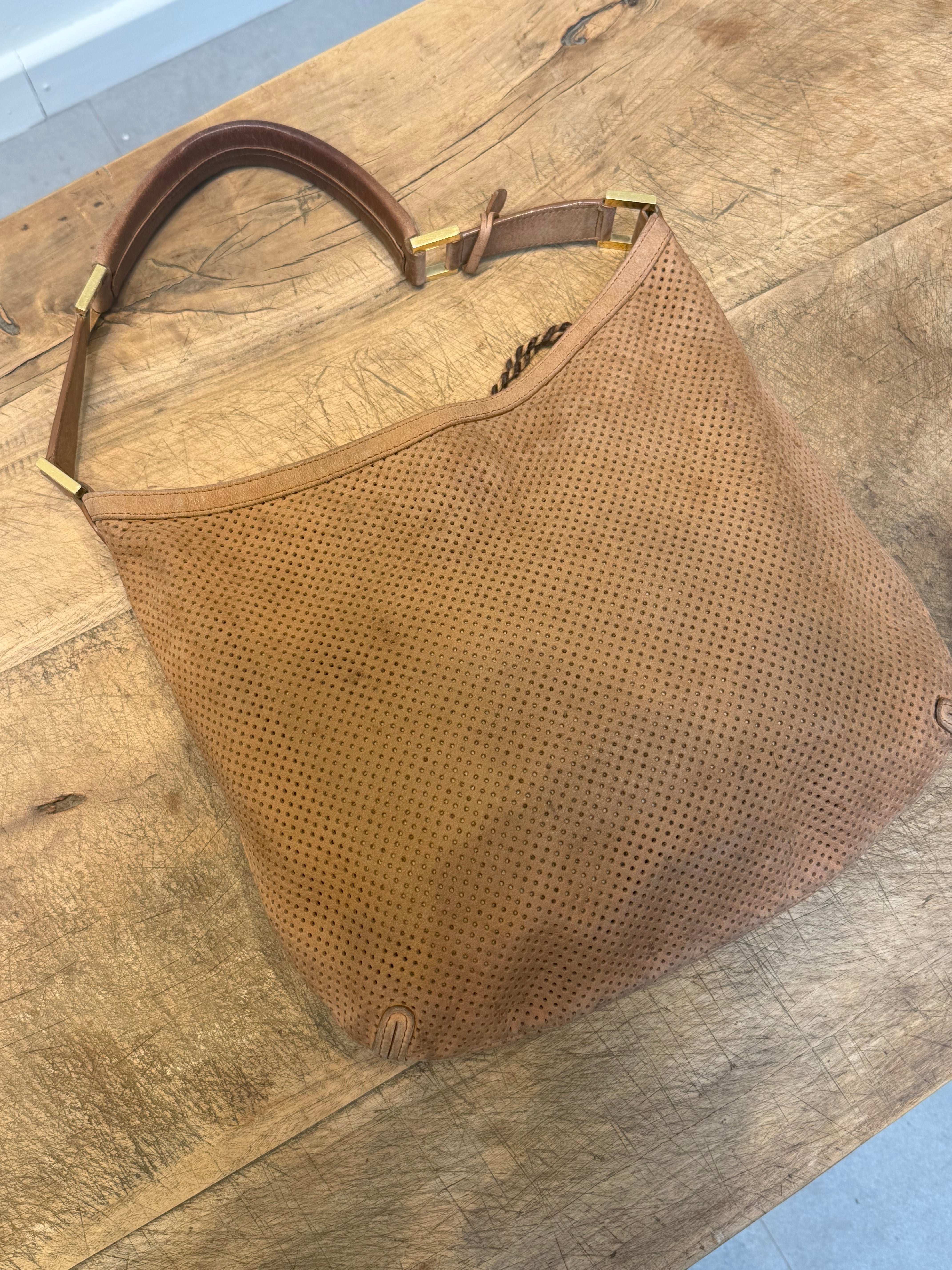 Vintage Delvaux “Louise” Perforated Leather Handbag – Cognac Brown – 30 x 30 cm