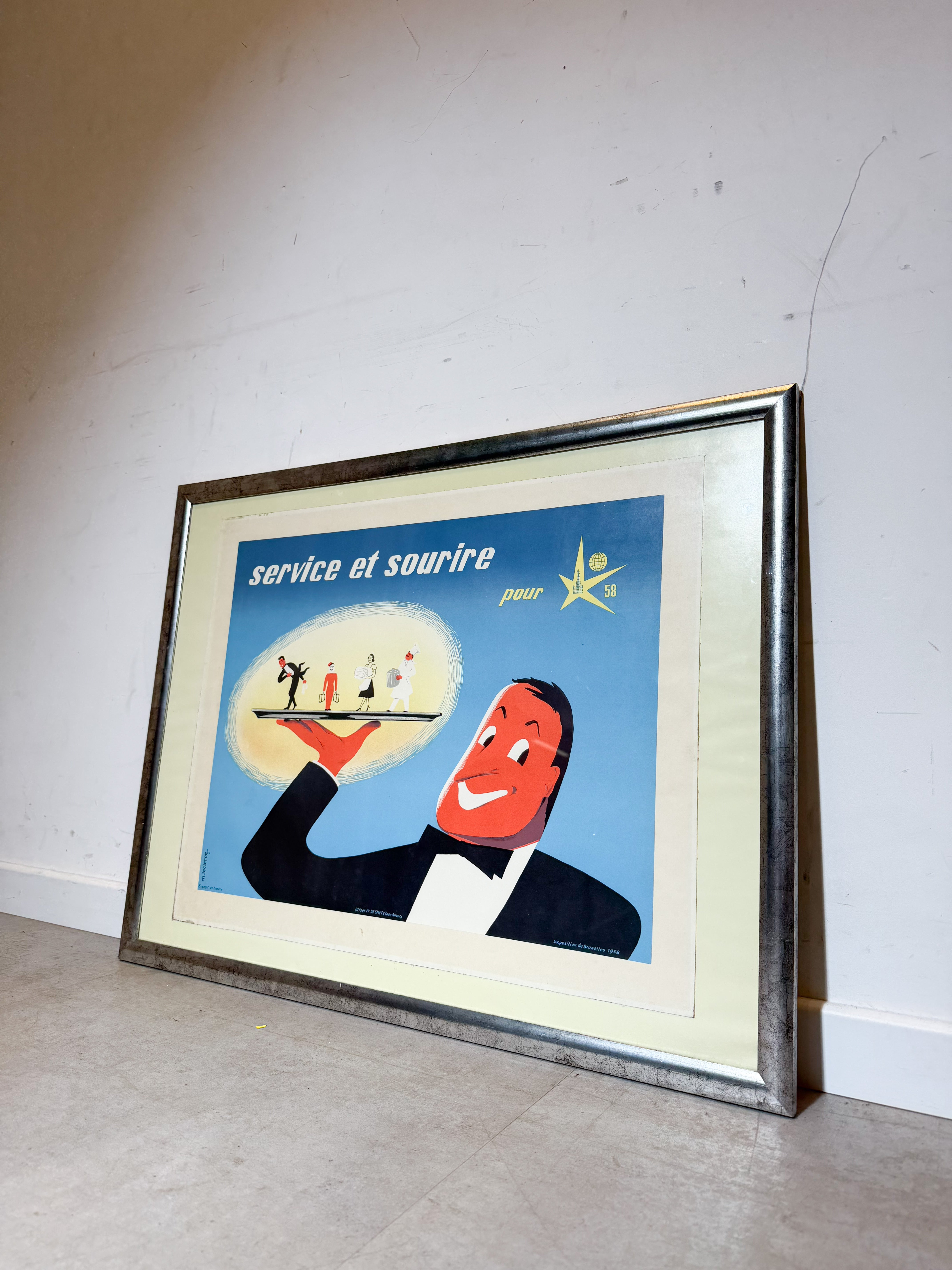 Affiche originale de l'Expo 58 « Service et Sourire » de M. Leclercq (1958)