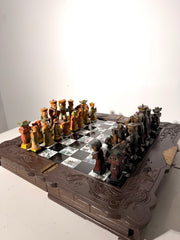 Chinese Folding Chess Set with Hand-Carved Figurines