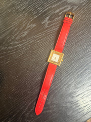 Vintage Yves Saint Laurent Quartz Watch – Gold Tone Case, Red Leather Strap – Swiss Made