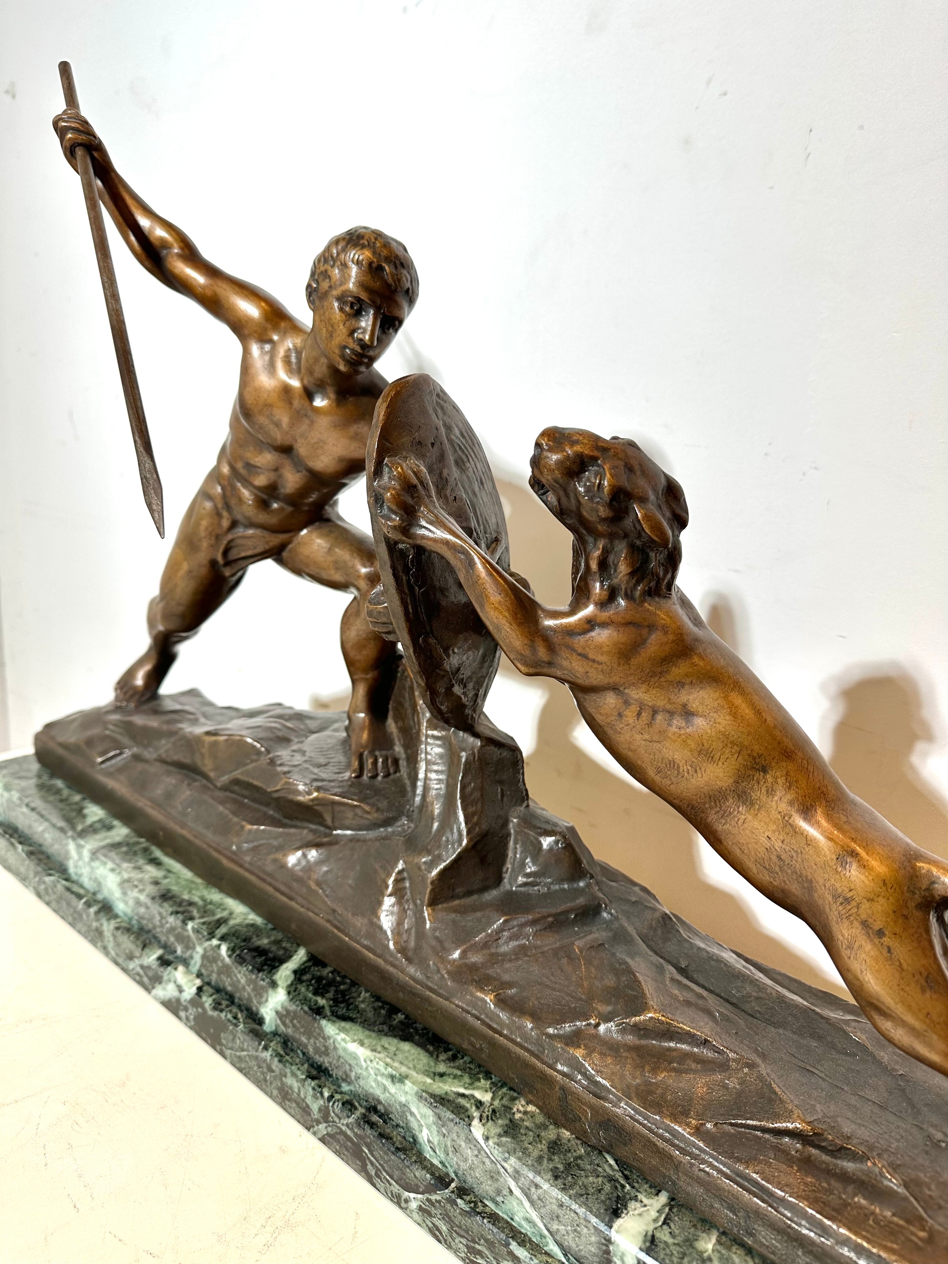 Large Bronze Sculpture – Man Fighting Lion