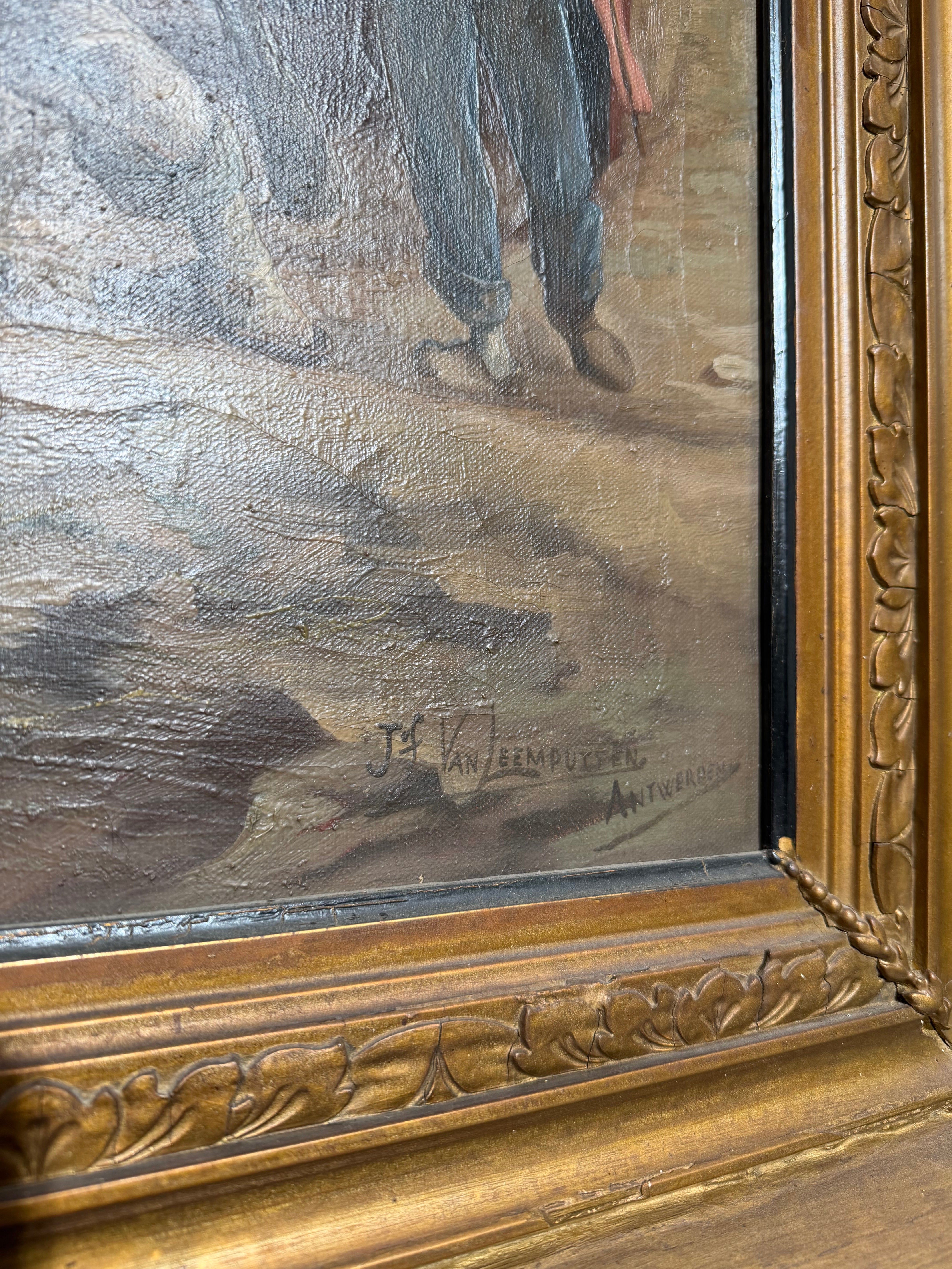 Jef Van Leemputten (Anvers, 1865–1948) – Grande huile sur toile « Chevaux de ferme au travail »