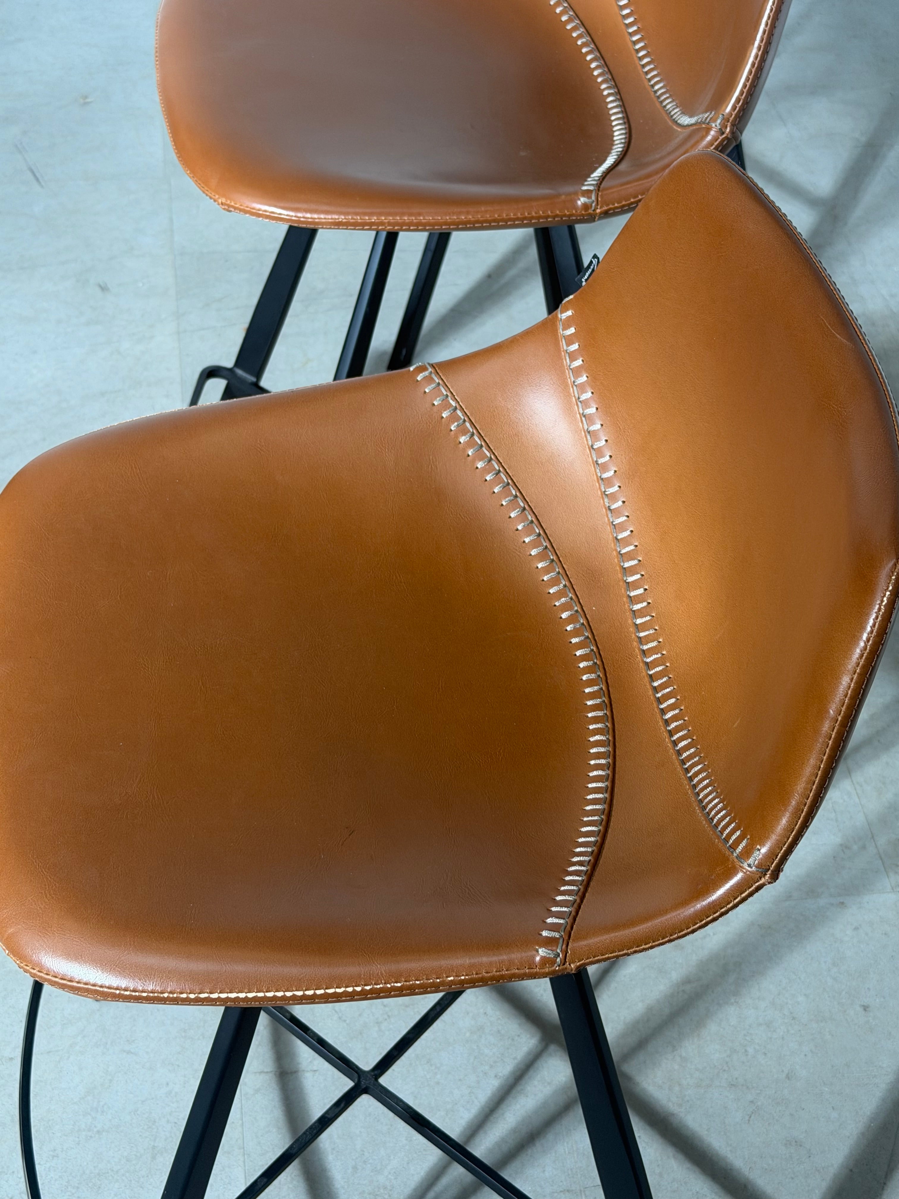 Set of 3 Goossens Wonen & Slapen Cognac Leather Bar Chairs