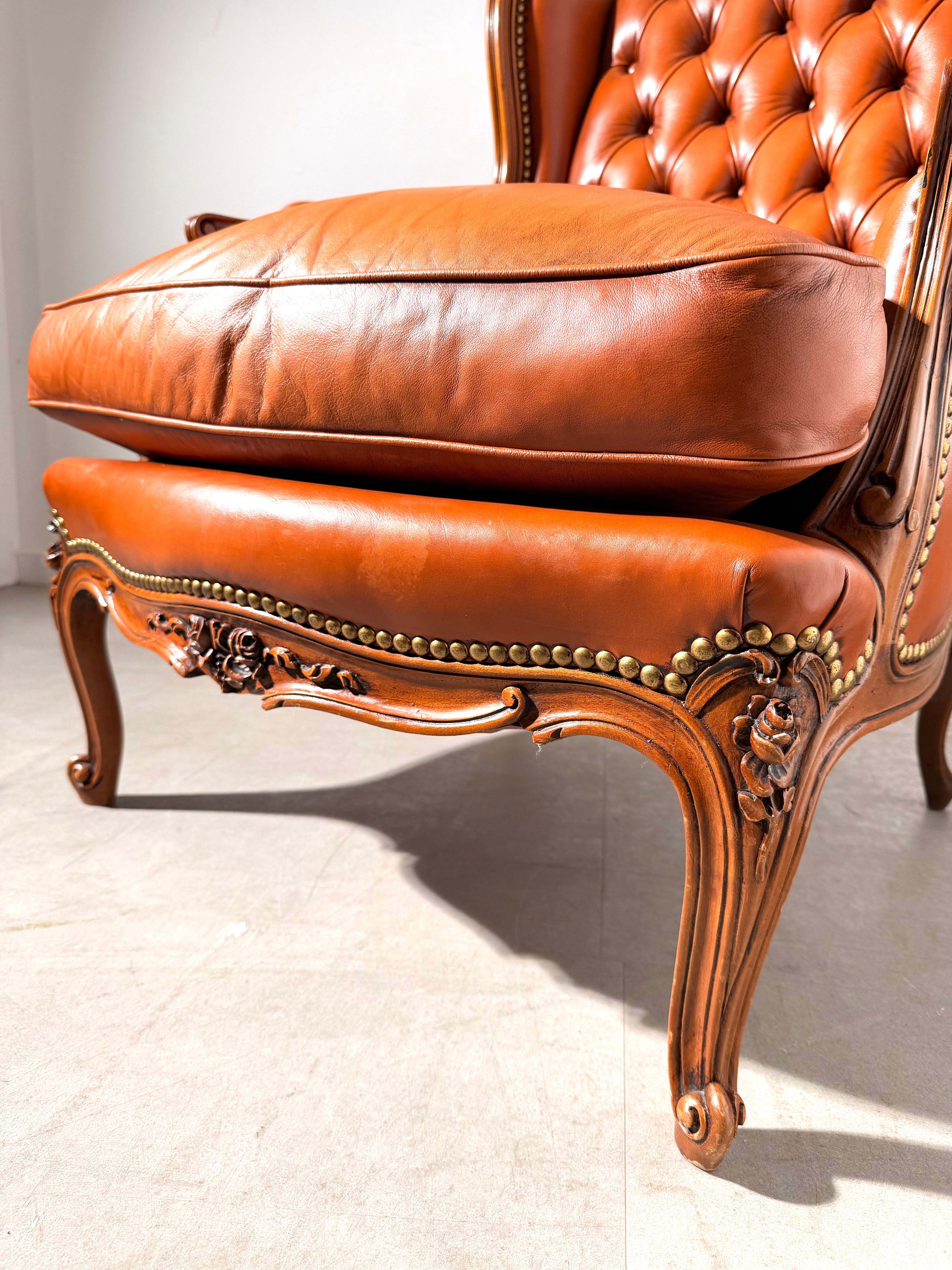Antique Cognac Leather Bergère Armchair