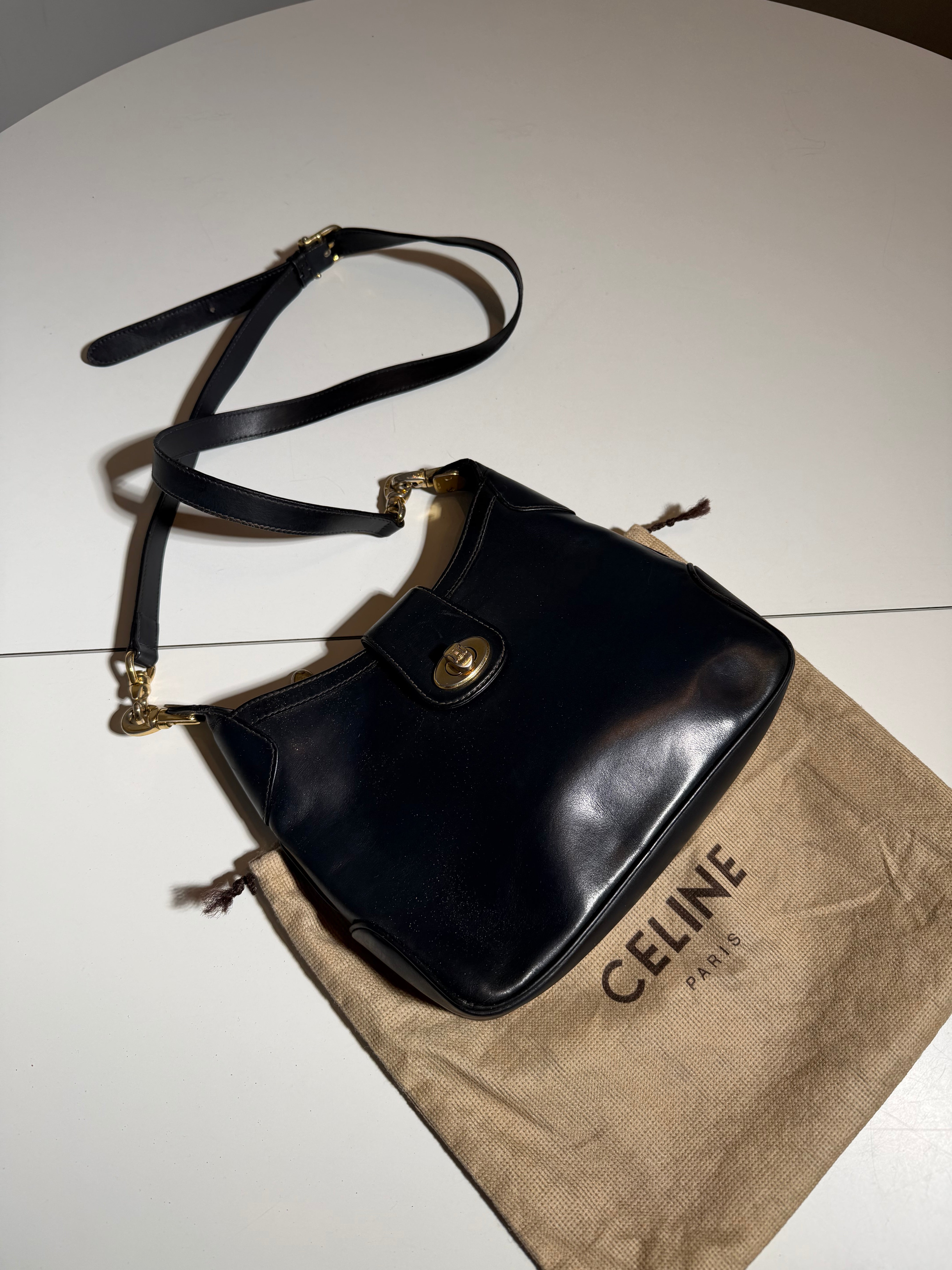 Celine Paris Vintage Black Leather Crossbody Bag