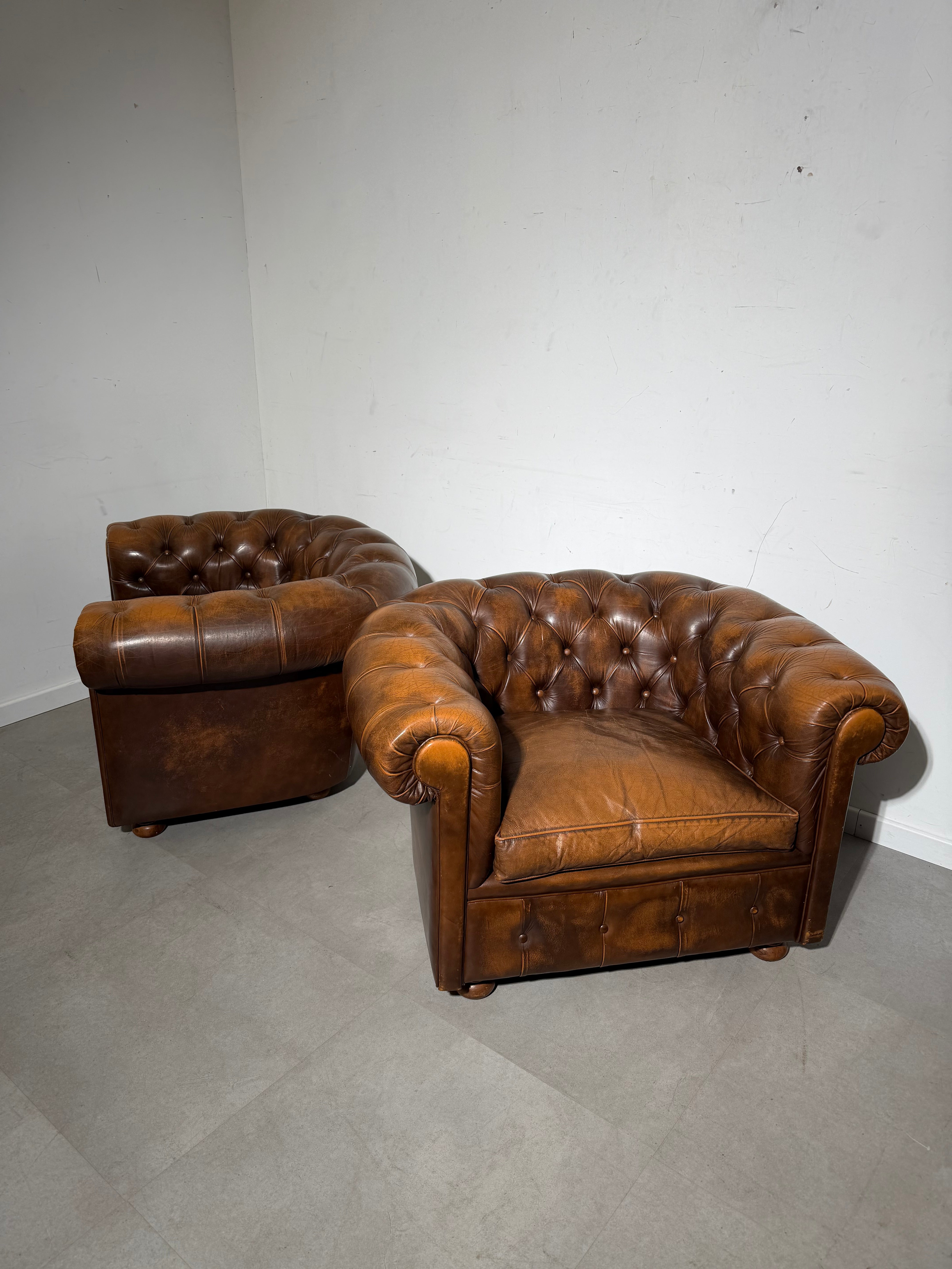 Pair of Vintage Chesterfield Club Chairs in Cognac Leather – Beautiful Patina