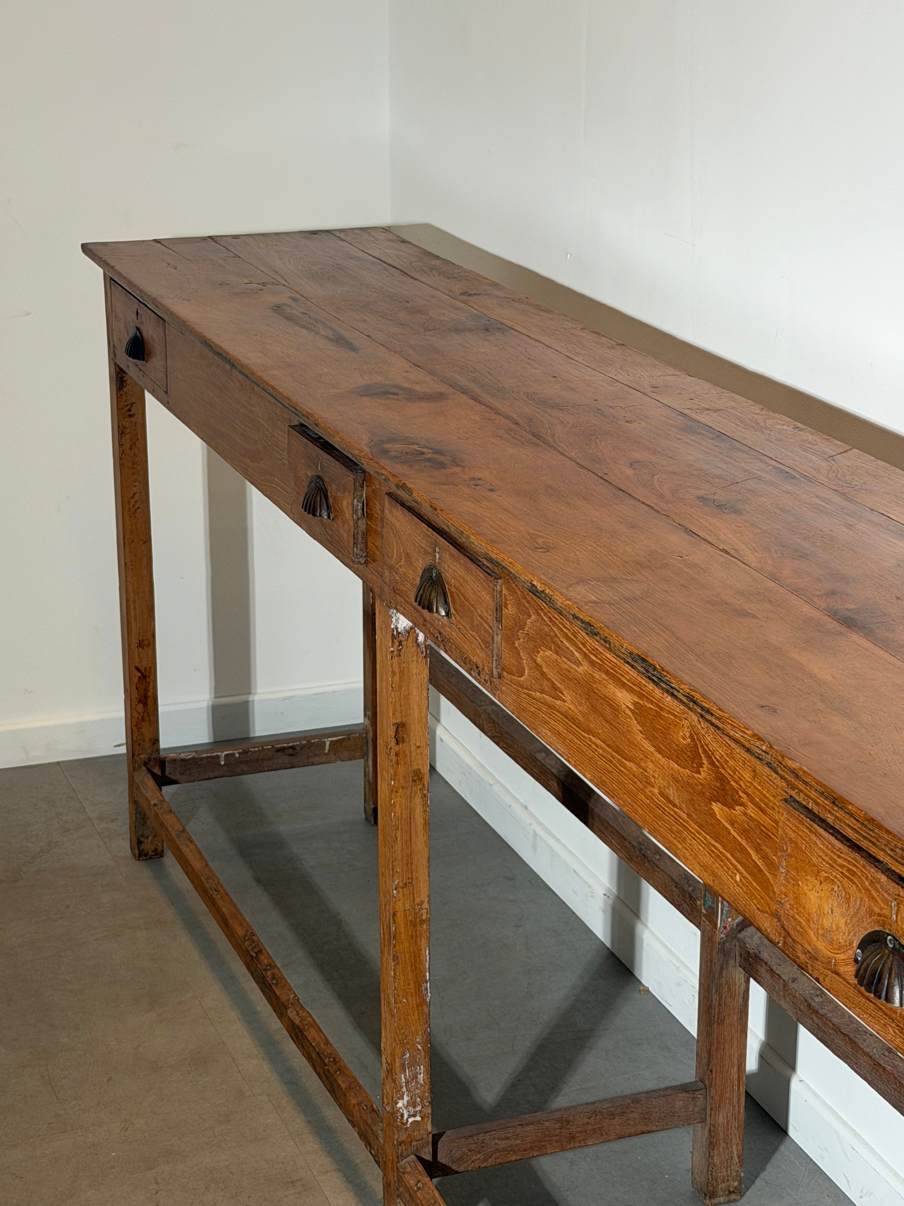Antique Solid Oak Console Table with Four Drawers
