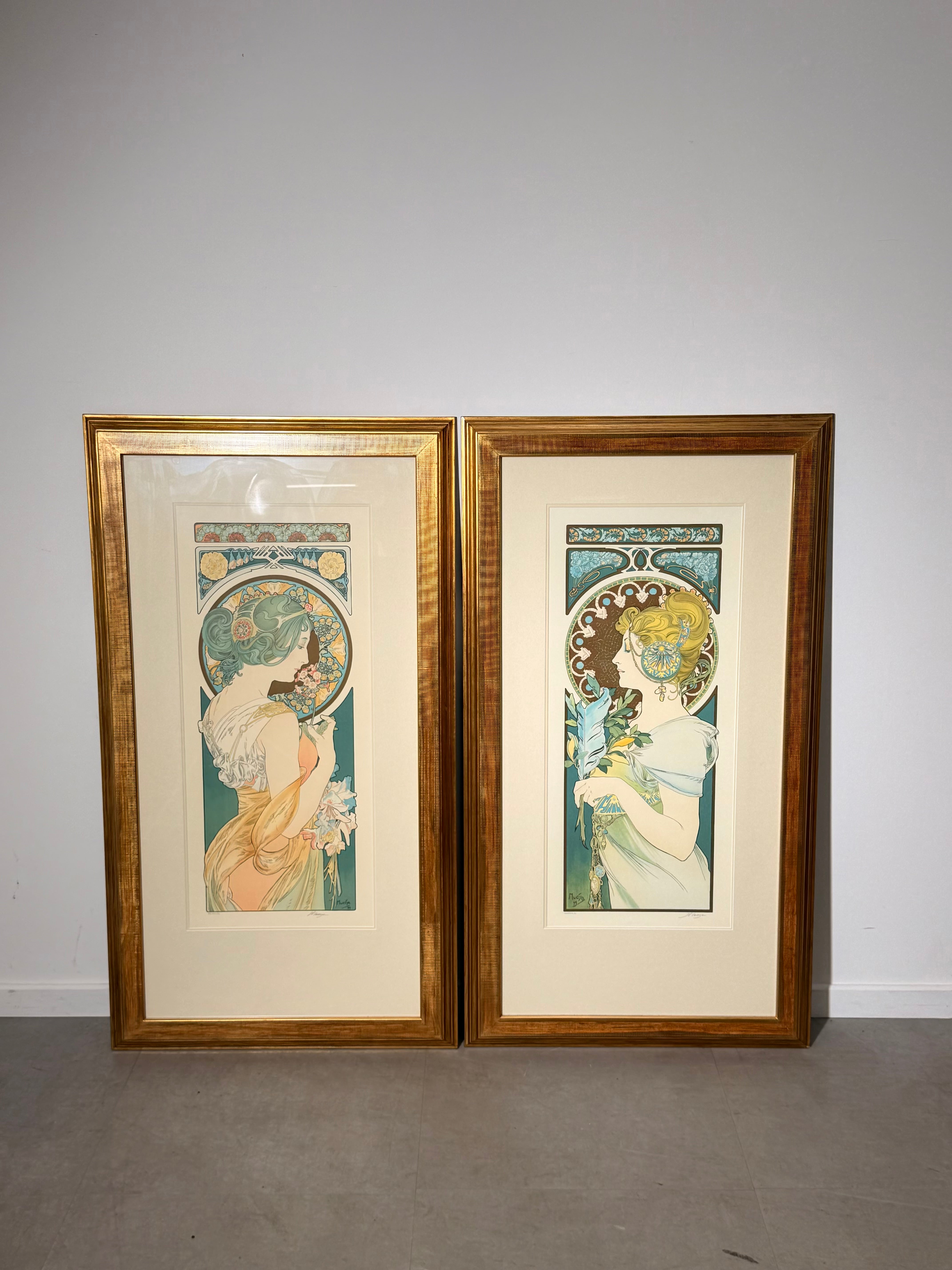 After Alphonse Mucha – Primrose & Feather – Set of Two Framed Colour Lithographs