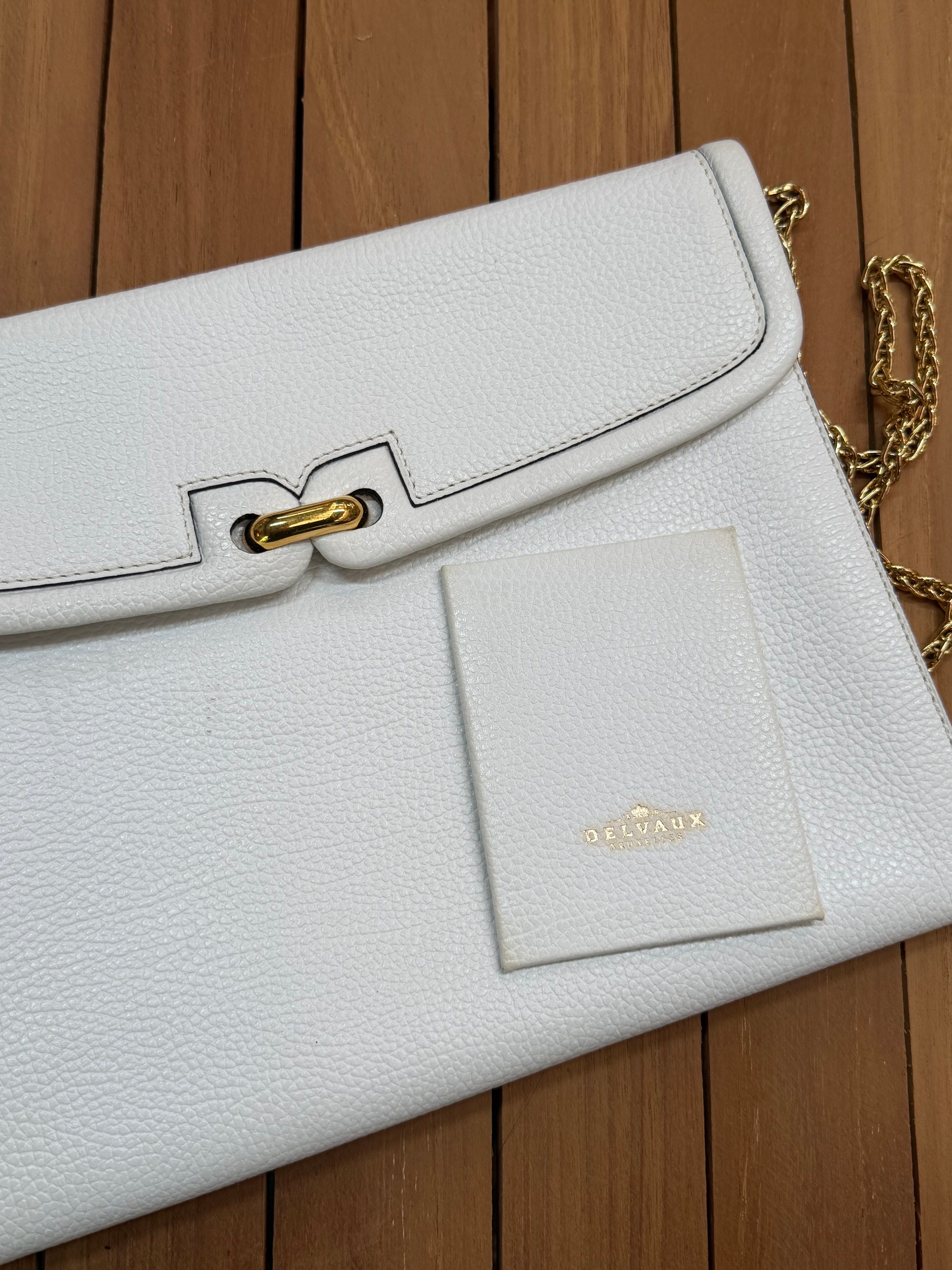 Vintage Delvaux White Leather Clutch Bag with Chain Strap