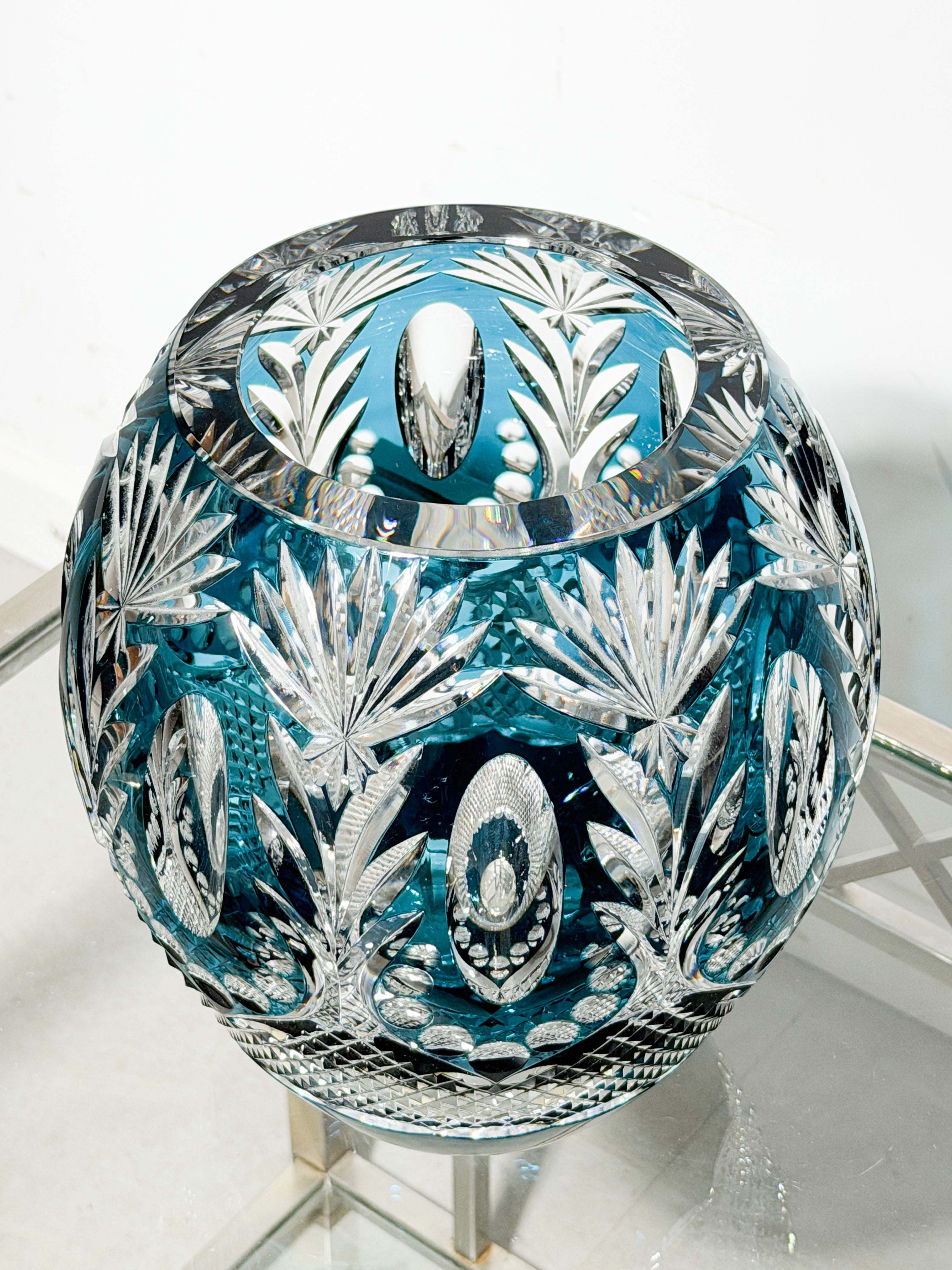 Val Saint Lambert Crystal Vase “8/120” – Signed Xavier Crespo – Blue Cut Crystal – 28 cm