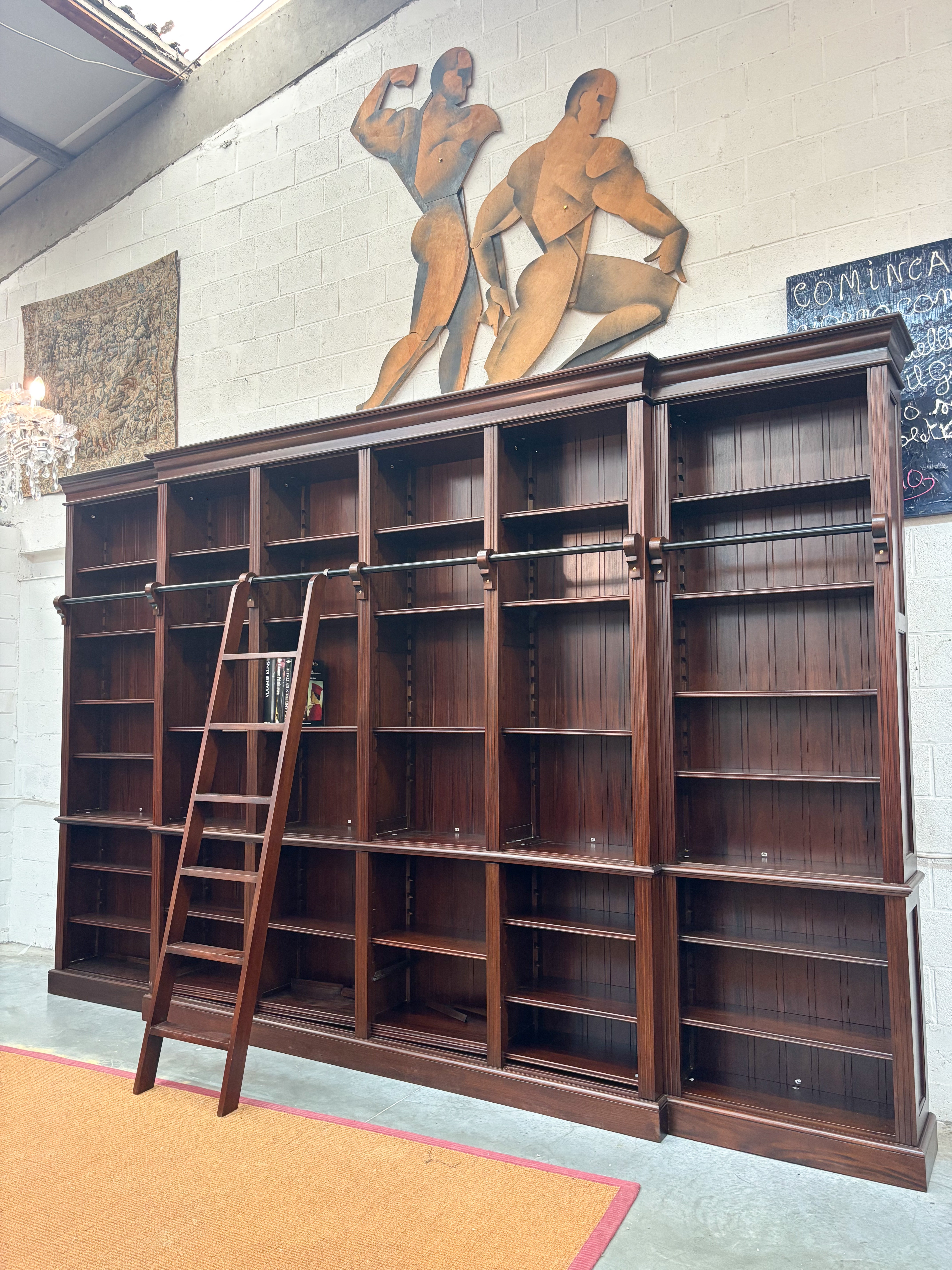 Large Mahogany Library Bookcase with Ladder – 420 x 270 cm