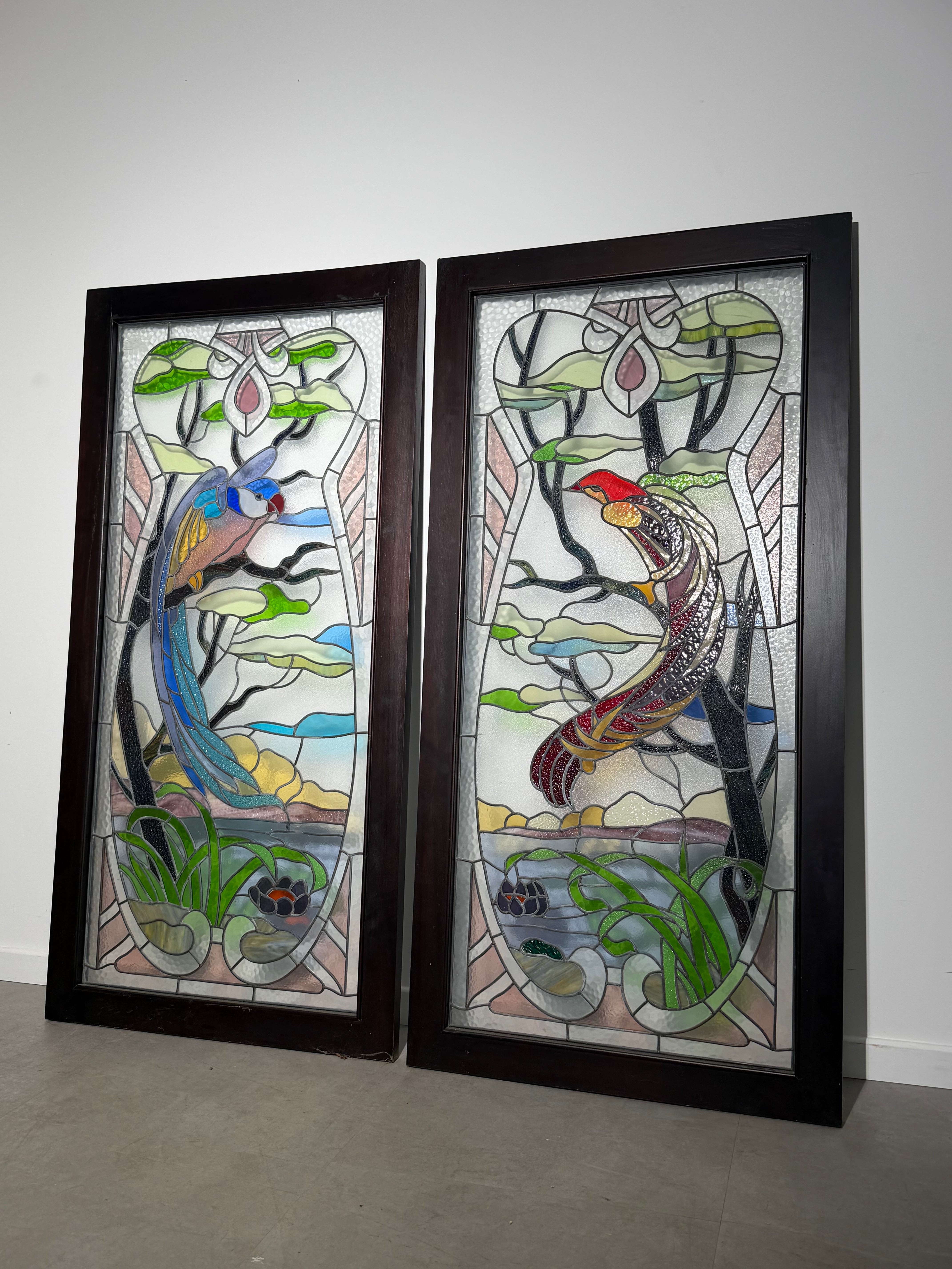 Pair of Antique Stained Glass Panels with Exotic Birds