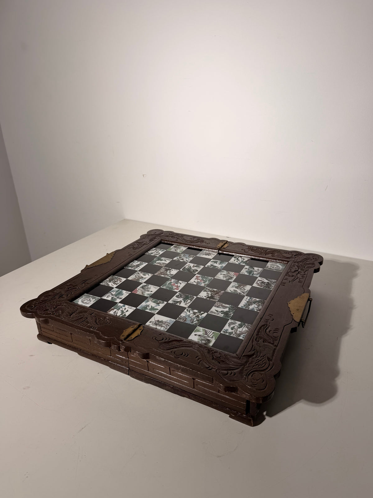 Chinese Folding Chess Set with Hand-Carved Figurines