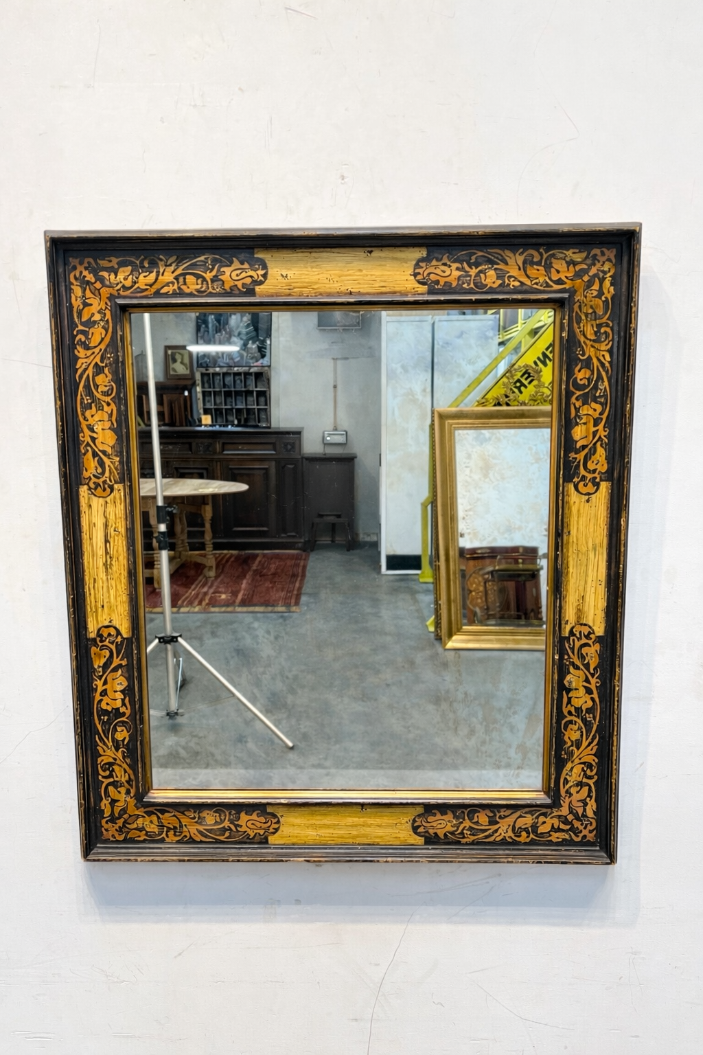 Vintage Black & Gilt Decorated Mirror