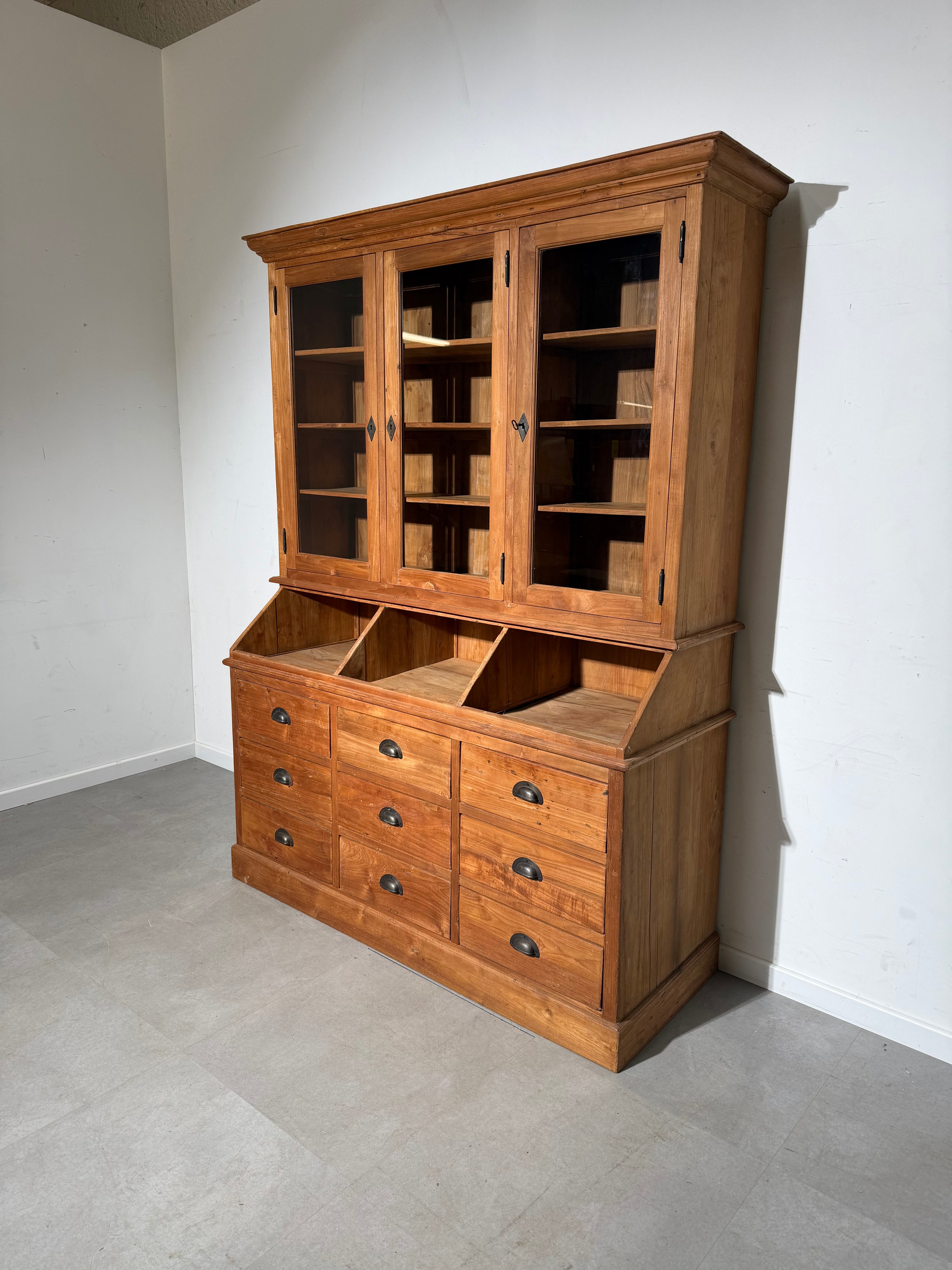Teak Display Cabinet with Drawers and Glass Doors