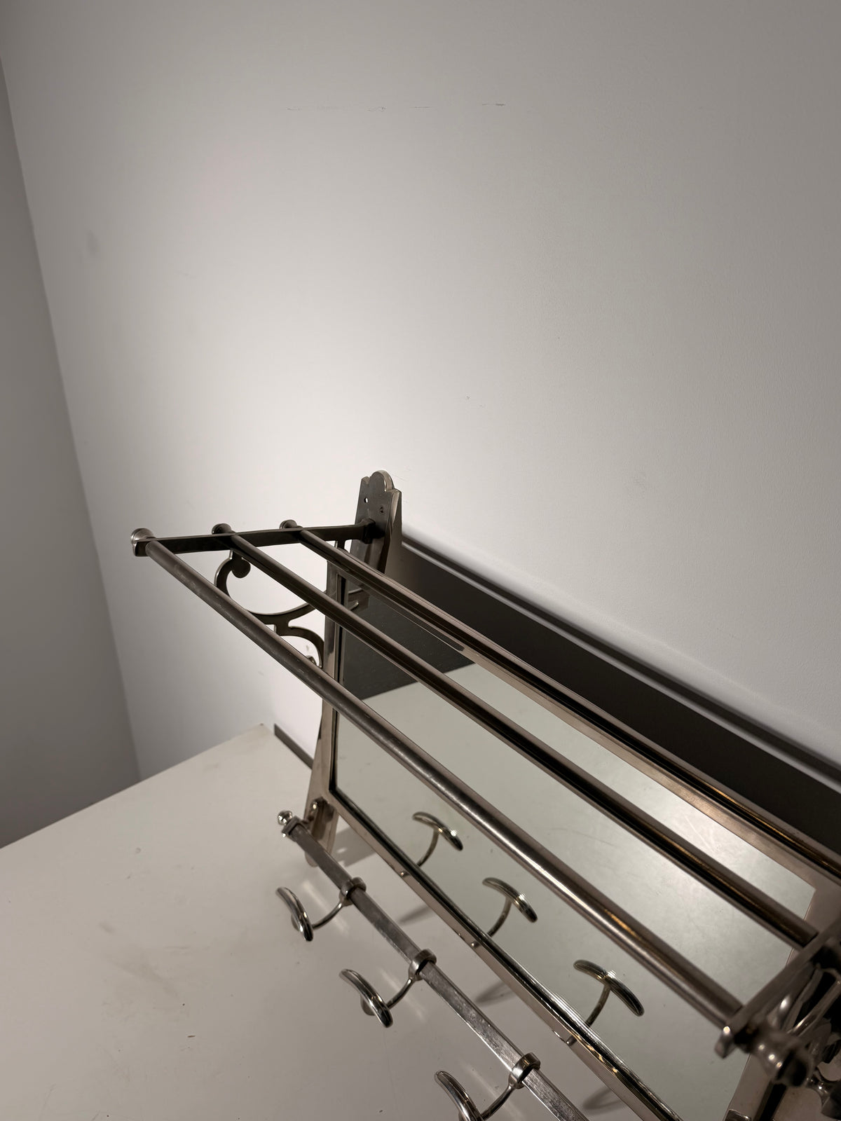 Vintage Art Deco Chrome Wall-Mounted Coat Rack with Mirror