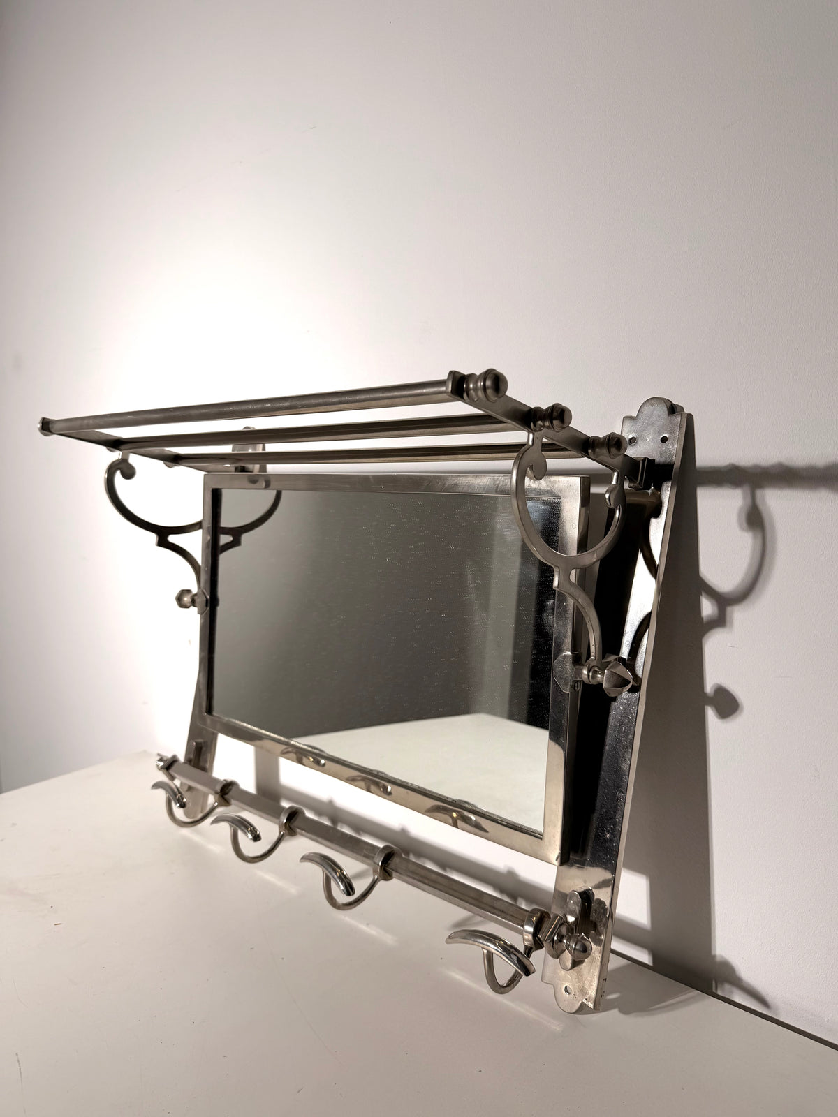 Vintage Art Deco Chrome Wall-Mounted Coat Rack with Mirror