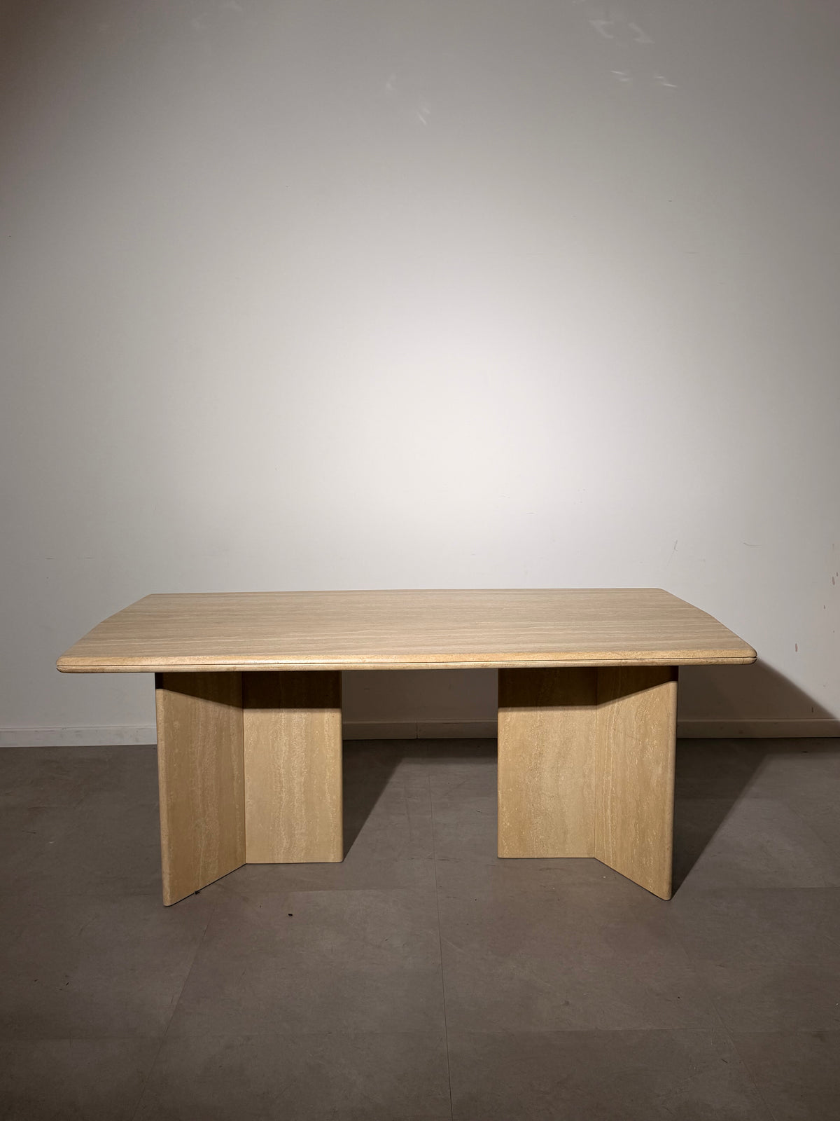 Vintage Travertine Dining Table – Sculptural Double Pedestal Base