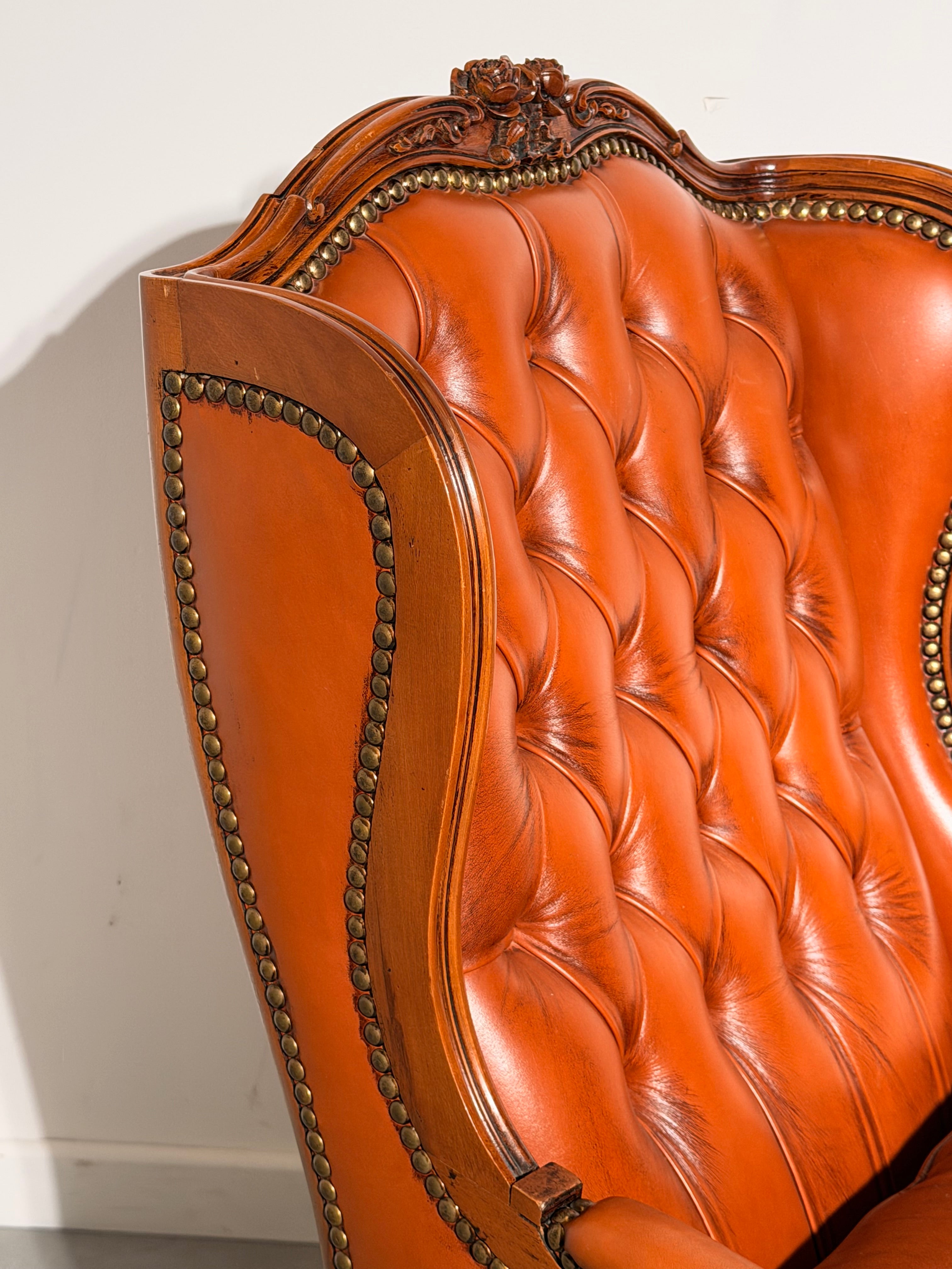 Antique Cognac Leather Bergère Armchair