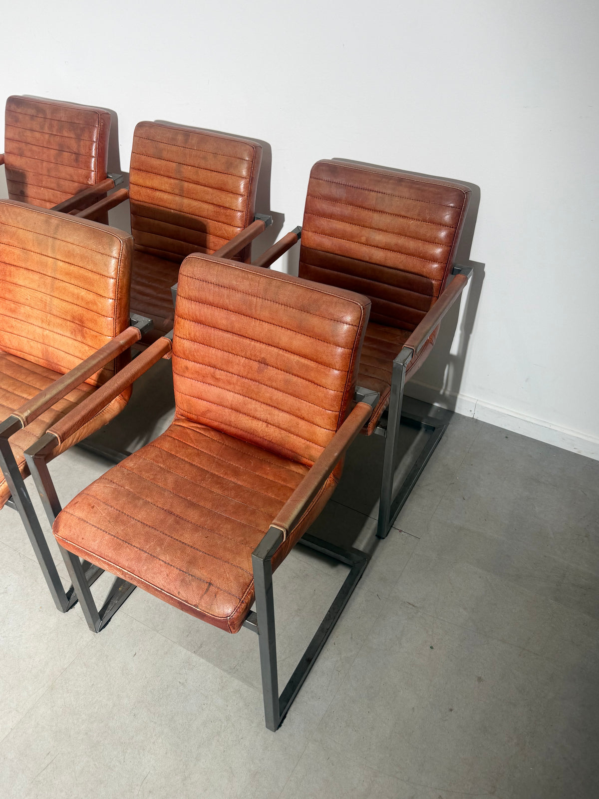 Set of Six Cognac Leather Dining Armchairs