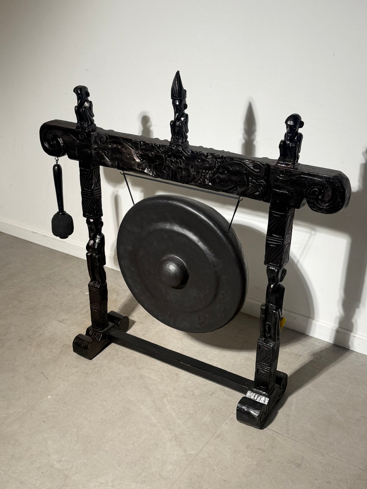 Large Gong with Carved Wooden Stand & Mallet