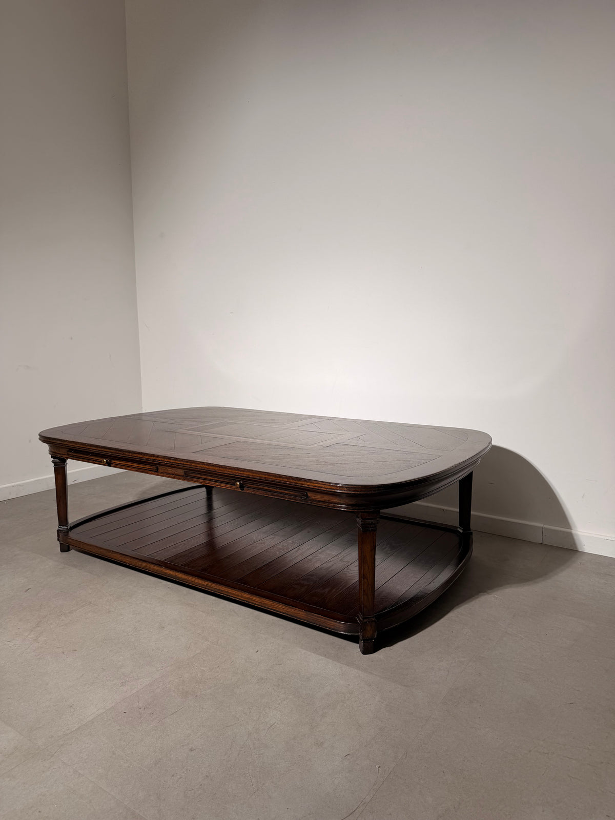 Large French Style Parquetry Coffee Table with Drawers