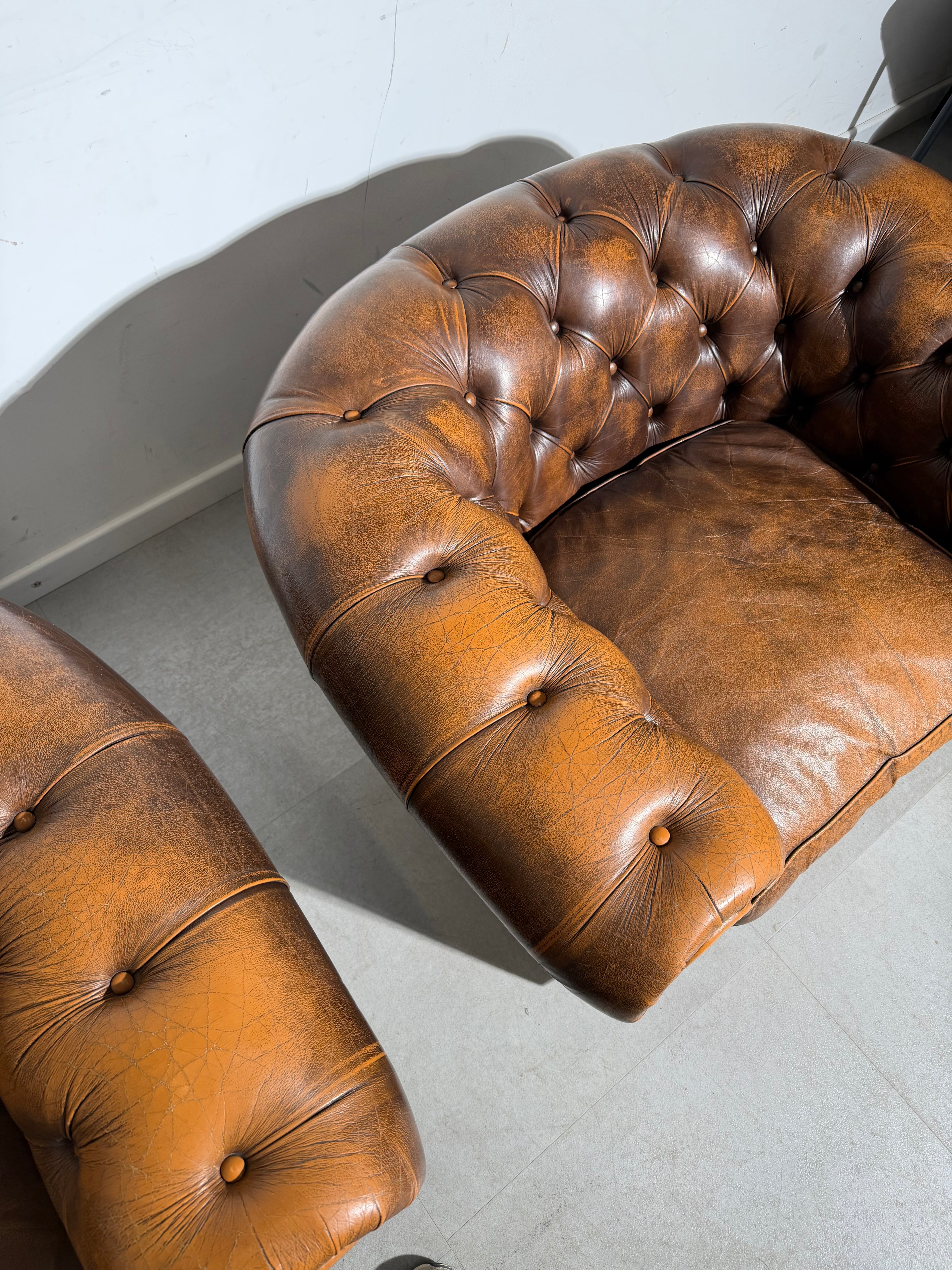 Pair of Vintage Chesterfield Club Chairs in Cognac Leather – Beautiful Patina