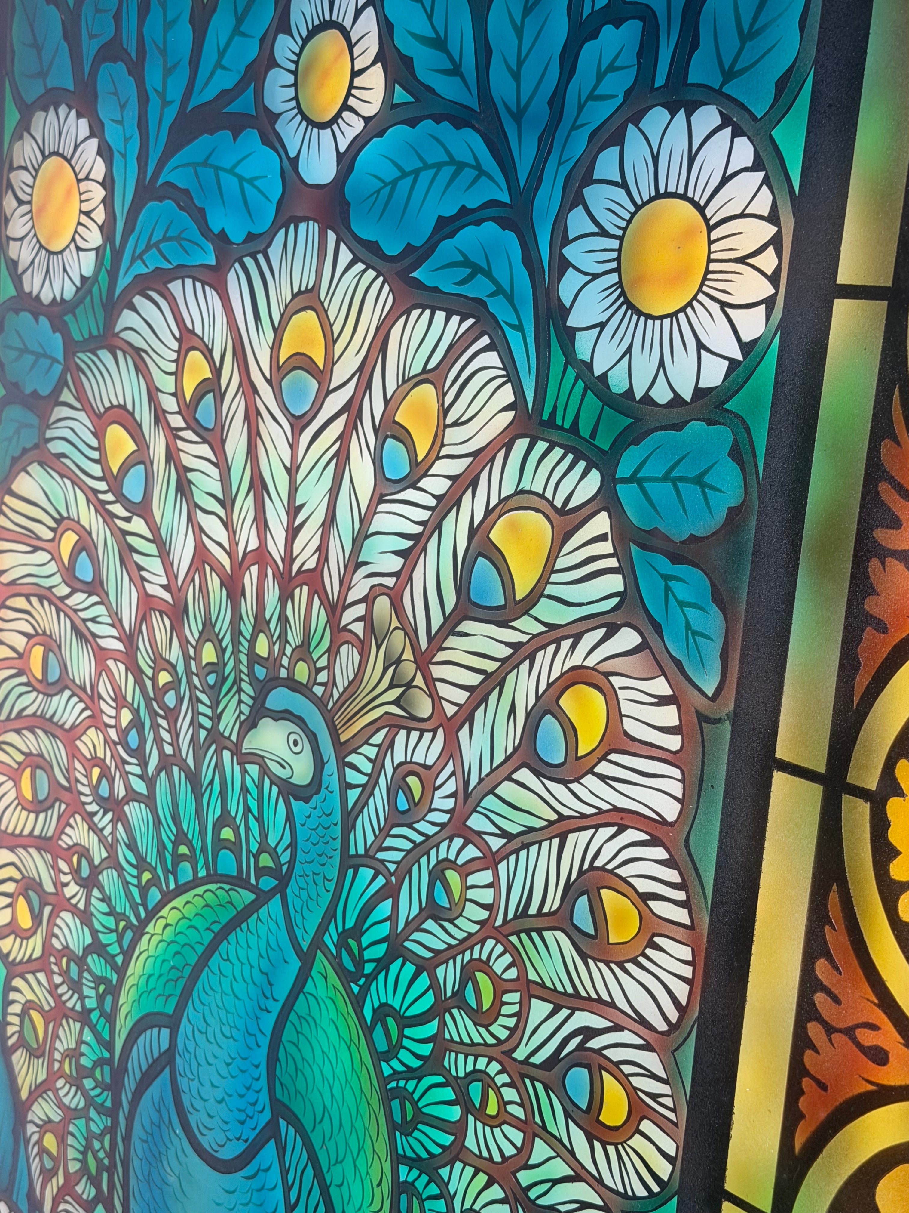 Large Decorative Stained Glass Peacock Panel