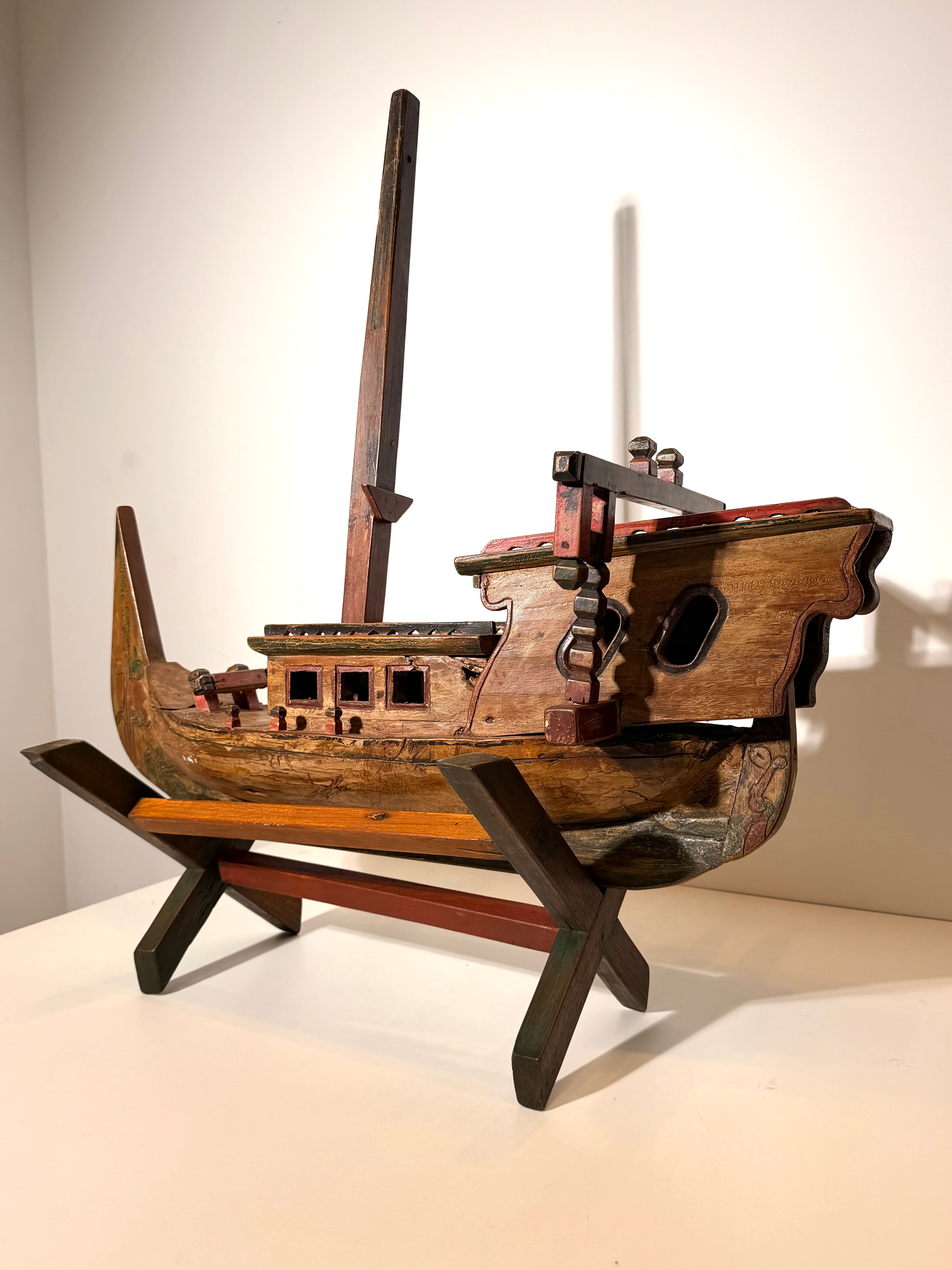 Antique Hand-Carved Wooden Fishing Boat Sculpture on Stand