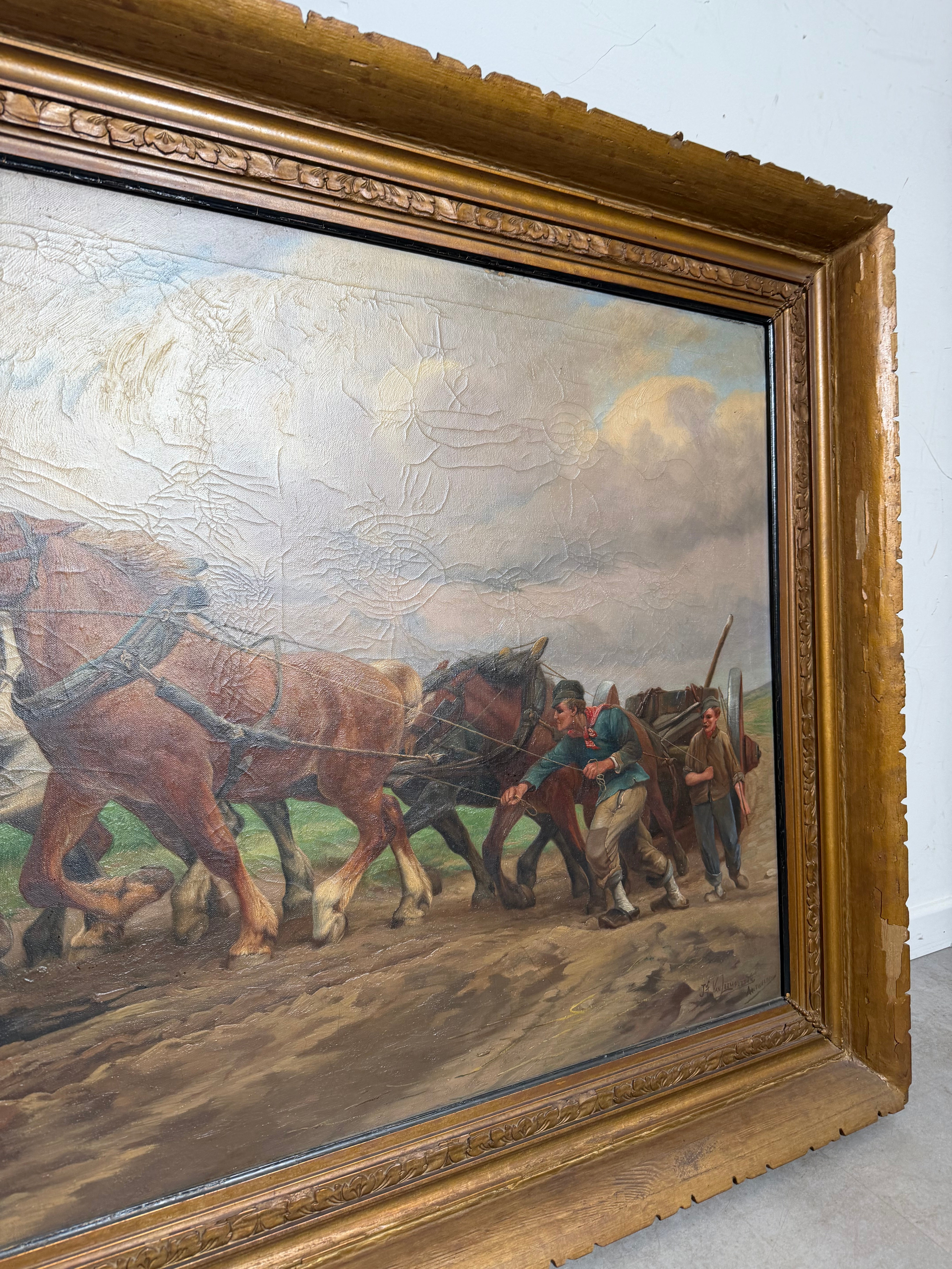 Jef Van Leemputten (Anvers, 1865–1948) – Grande huile sur toile « Chevaux de ferme au travail »
