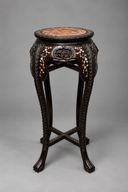 Antique Chinese Carved Hardwood Plant Stand with Marble Top