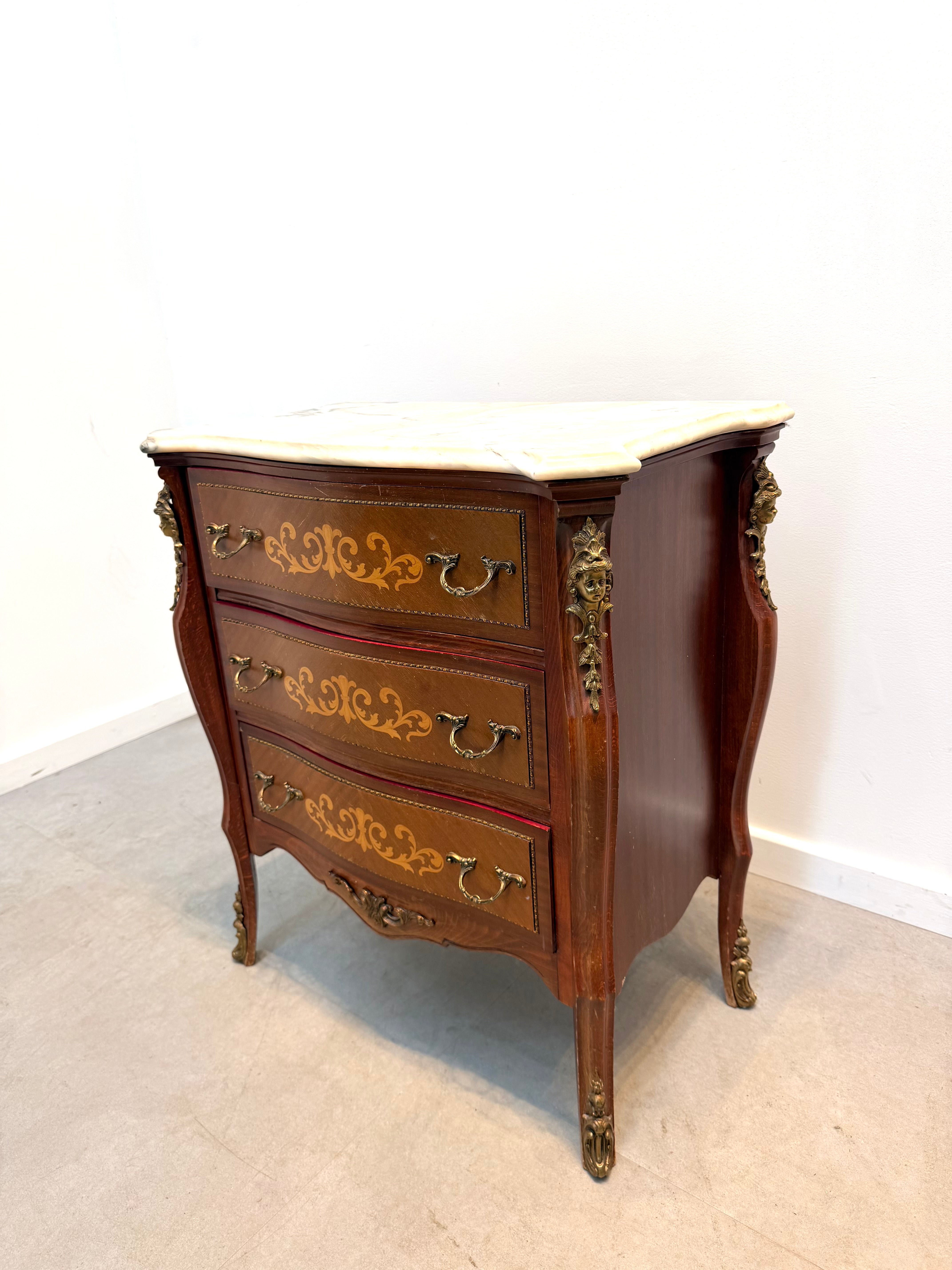 French Louis XV Style Marquetry Commode with Marble Top