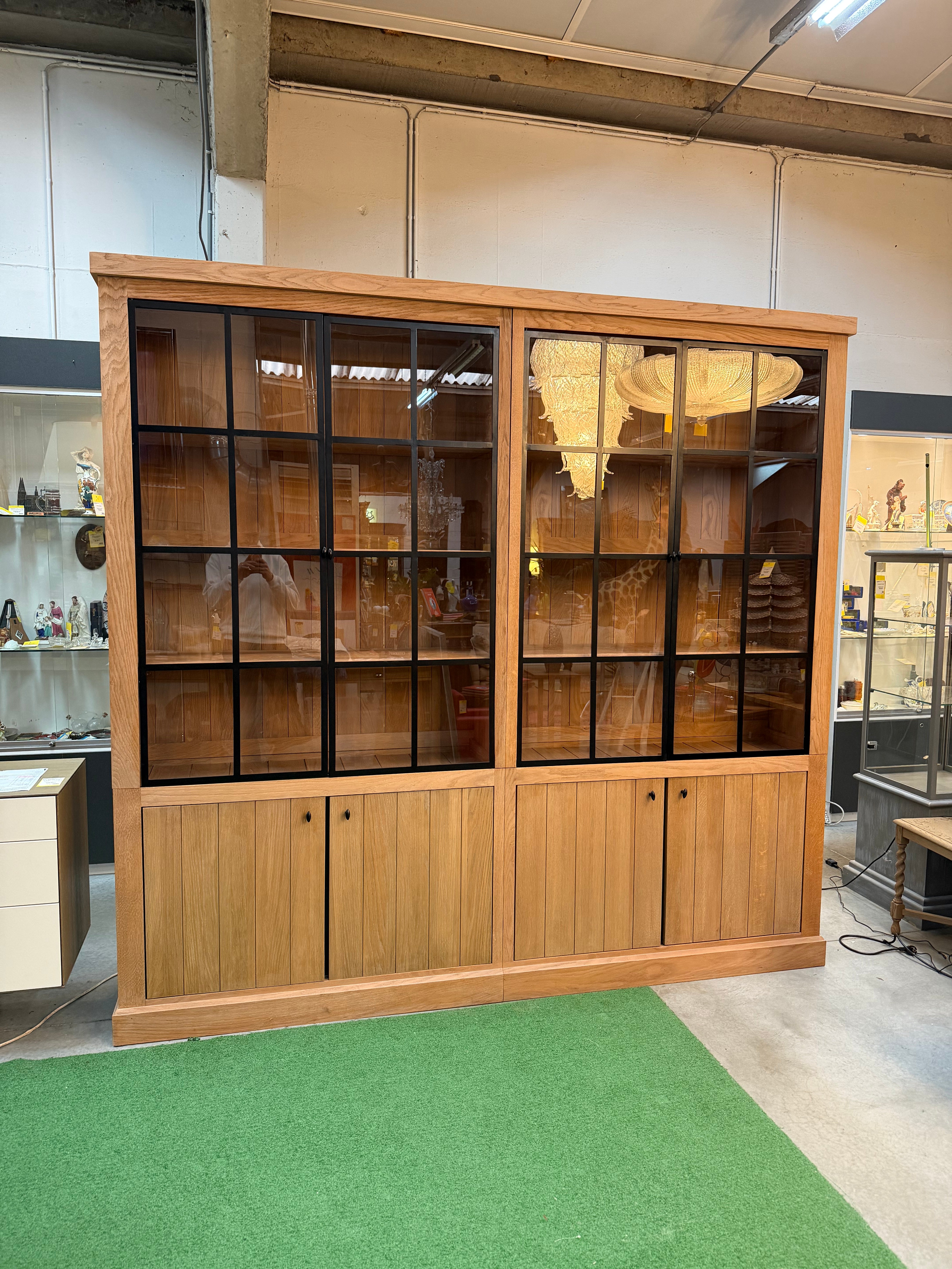 Large Oak Display Cabinet with Black Metal Grid Doors